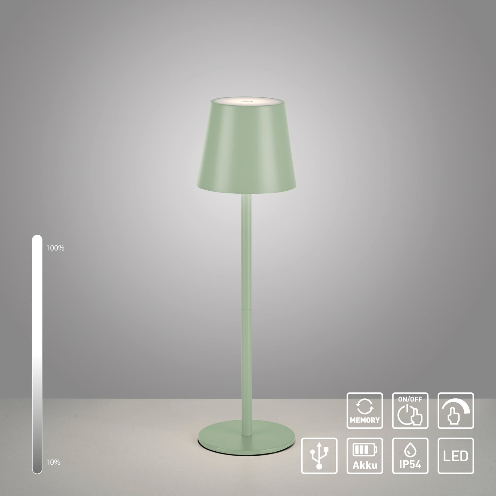 LED oppladbar bordlampe Euria grønn jern dimbar IP54 med USB-ladekabel