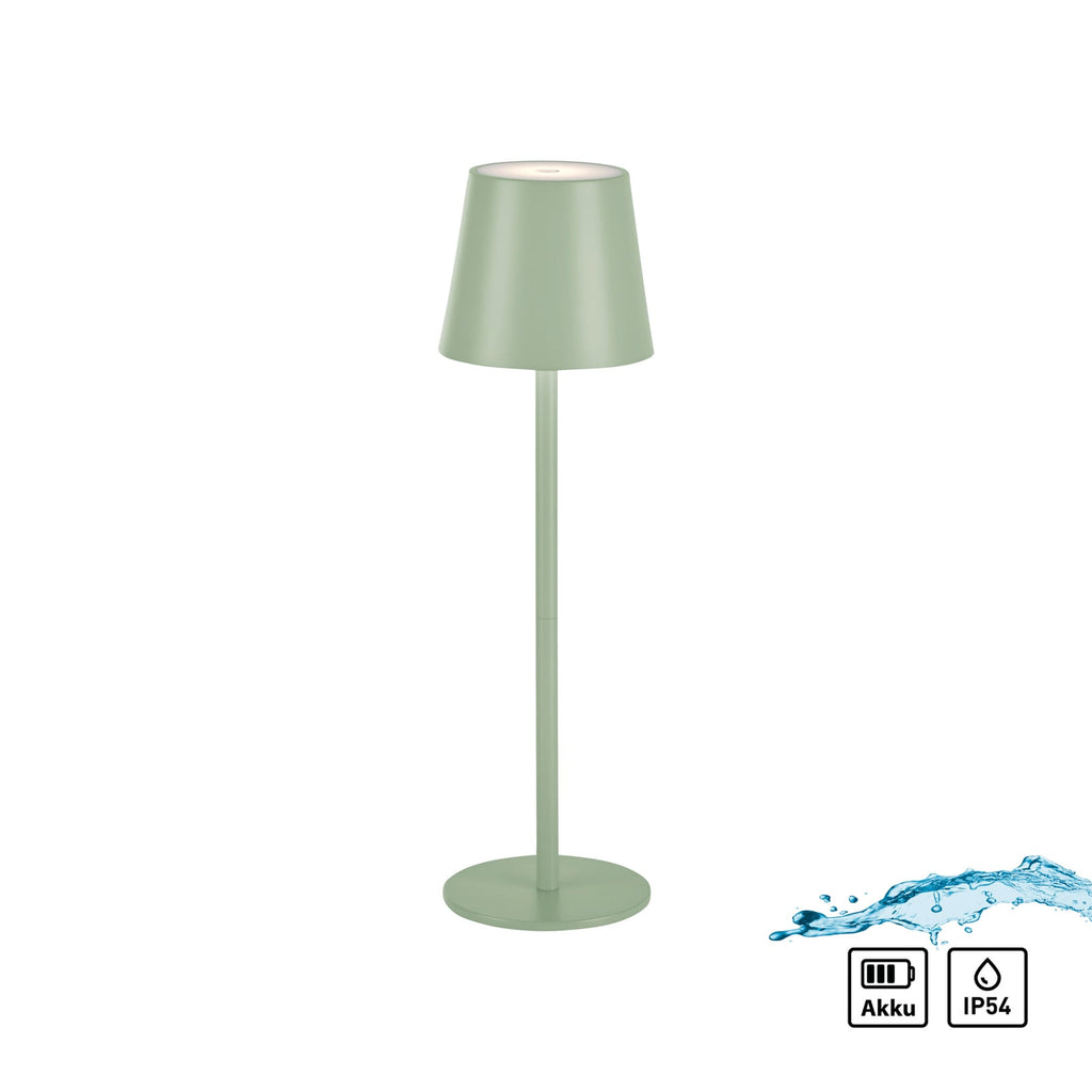 LED oppladbar bordlampe Euria grønn jern dimbar IP54 i bruk ute
