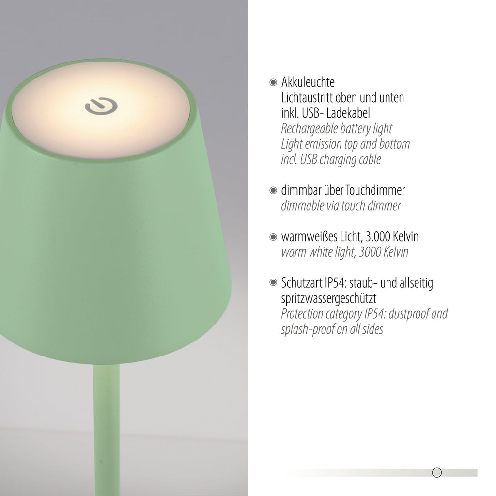 LED oppladbar bordlampe Euria grønn jern dimbar IP54 justerbar høyde