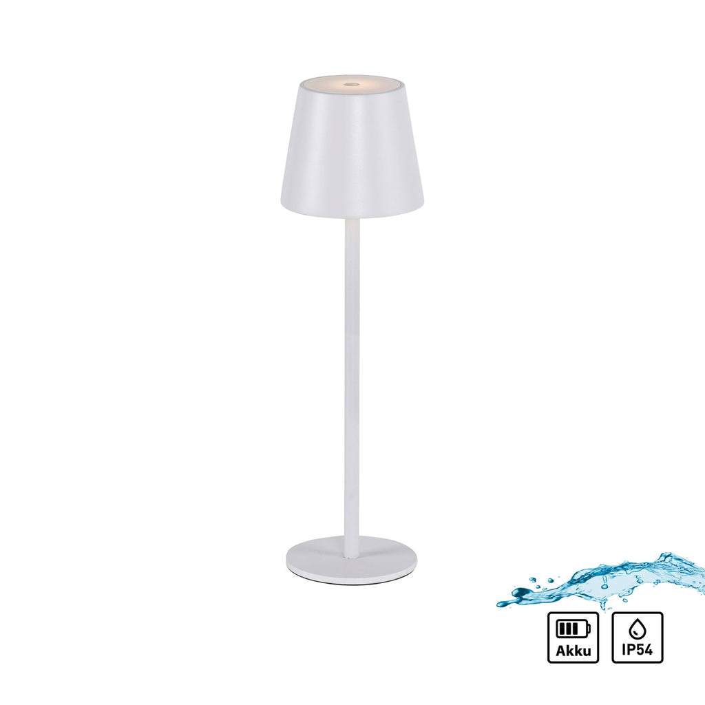 LED oppladbar bordlampe Euria hvit jern IP54 dimbar detalj