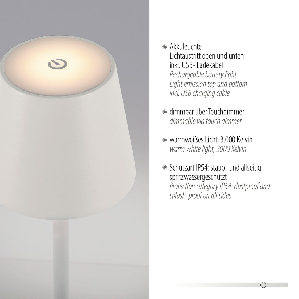LED oppladbar bordlampe Euria hvit jern IP54 dimbar touchdimmer