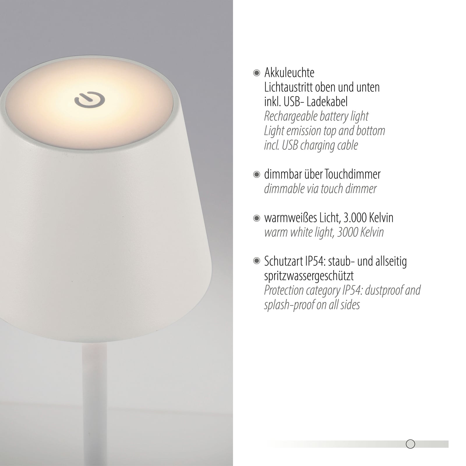 LED oppladbar bordlampe Euria hvit jern IP54 dimbar touchdimmer