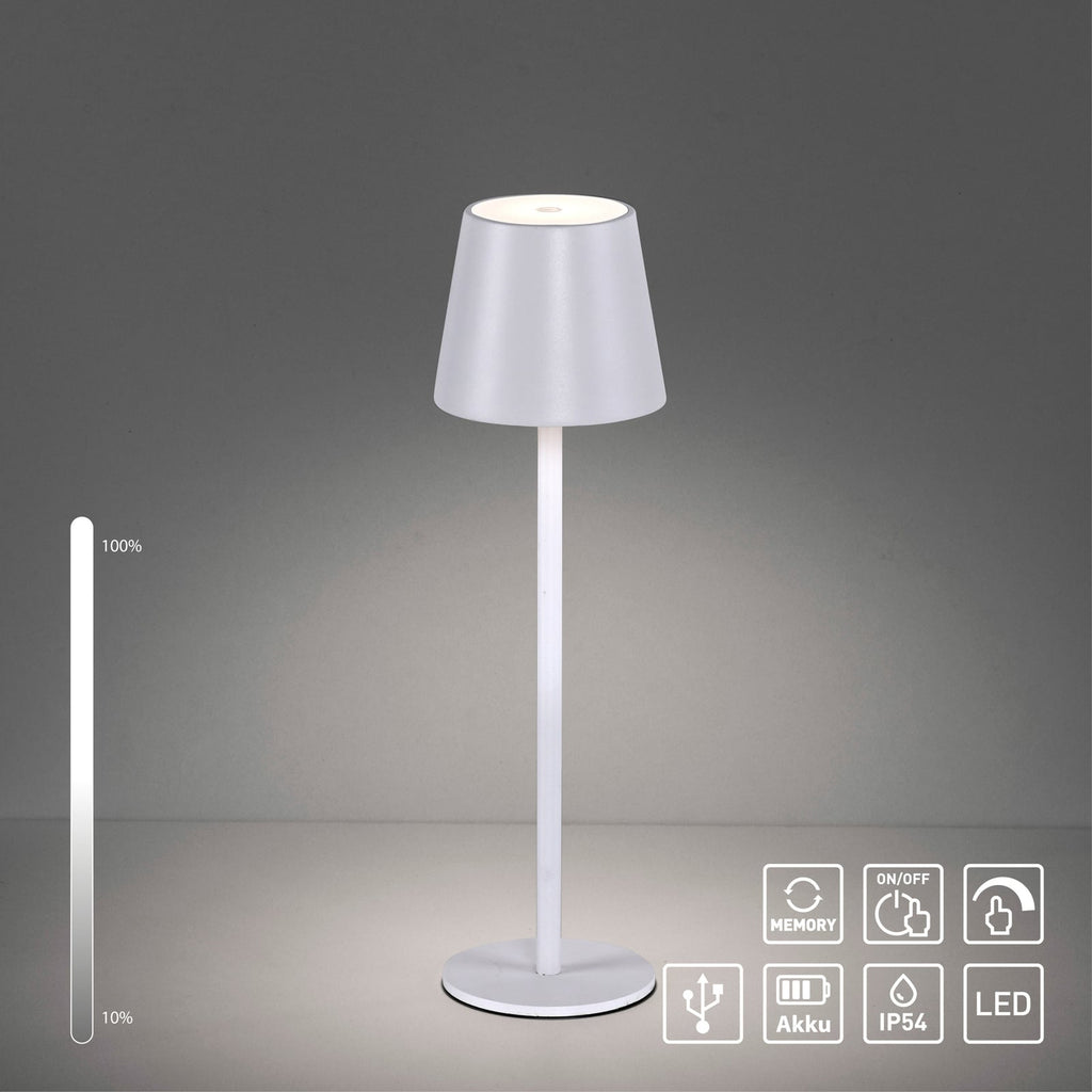 LED oppladbar bordlampe Euria hvit jern IP54 dimbar høydejusterbar ramme