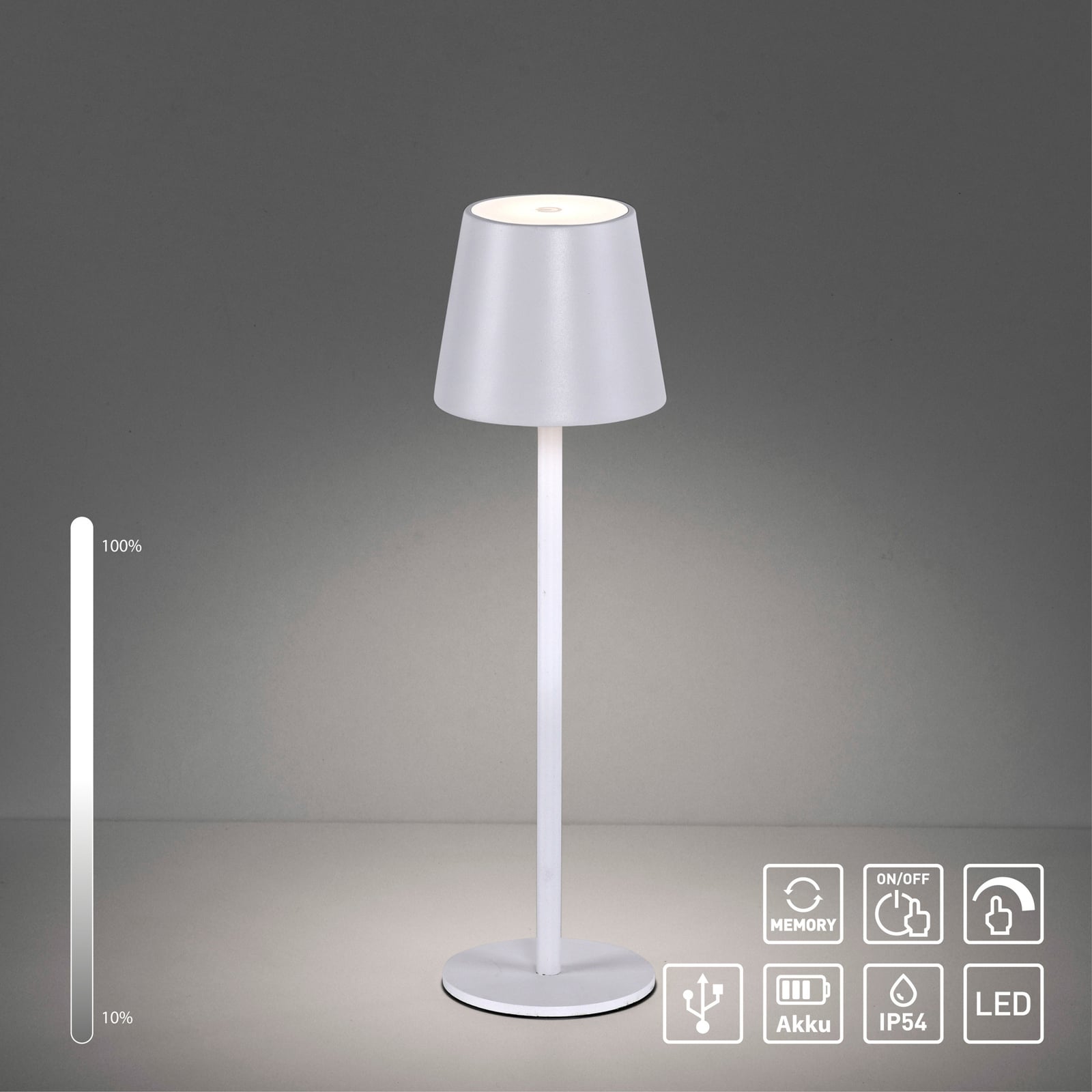 LED oppladbar bordlampe Euria hvit jern IP54 dimbar høydejusterbar ramme