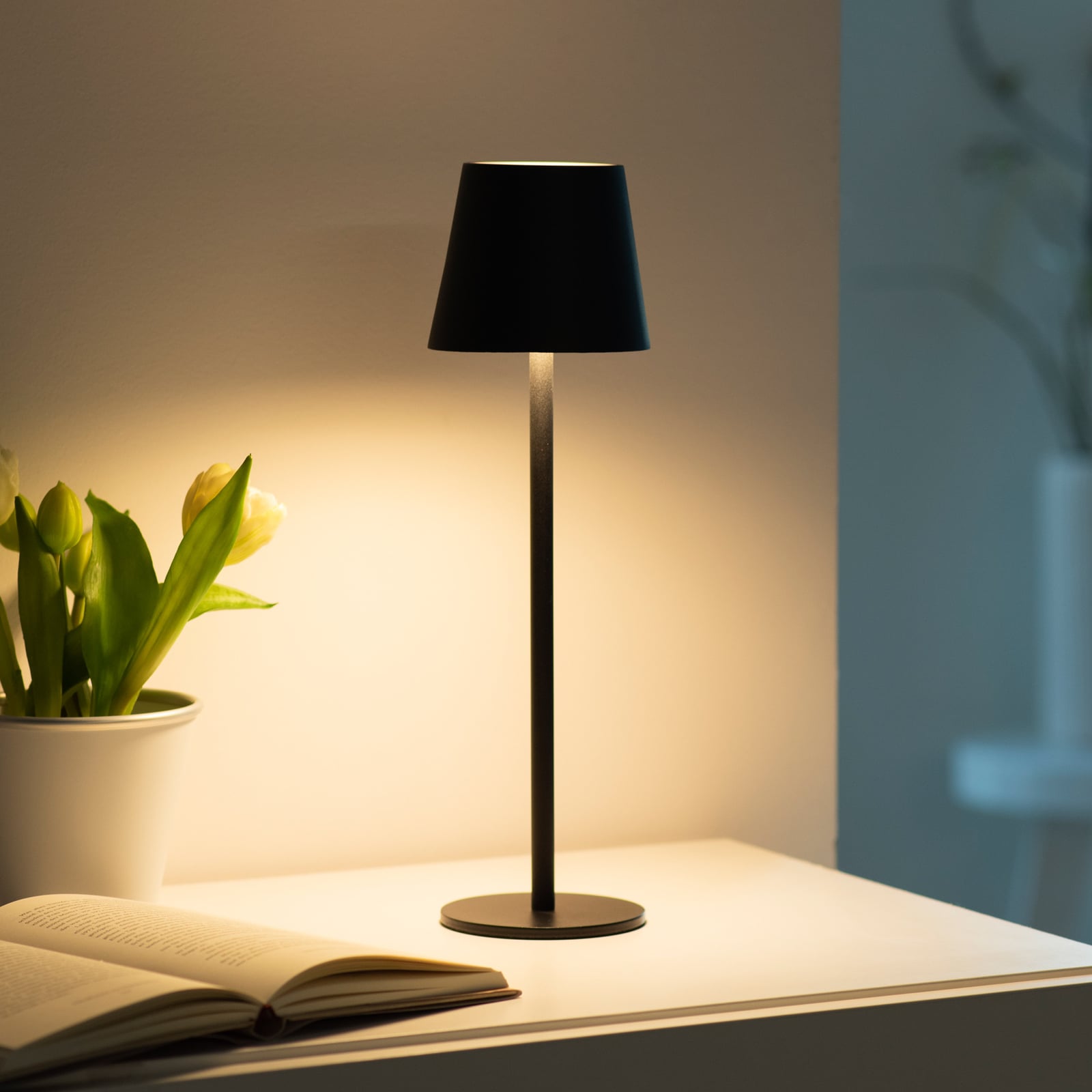 Detalj av touchdimmer på LED oppladbar bordlampe Euria jern svart dimbar IP54