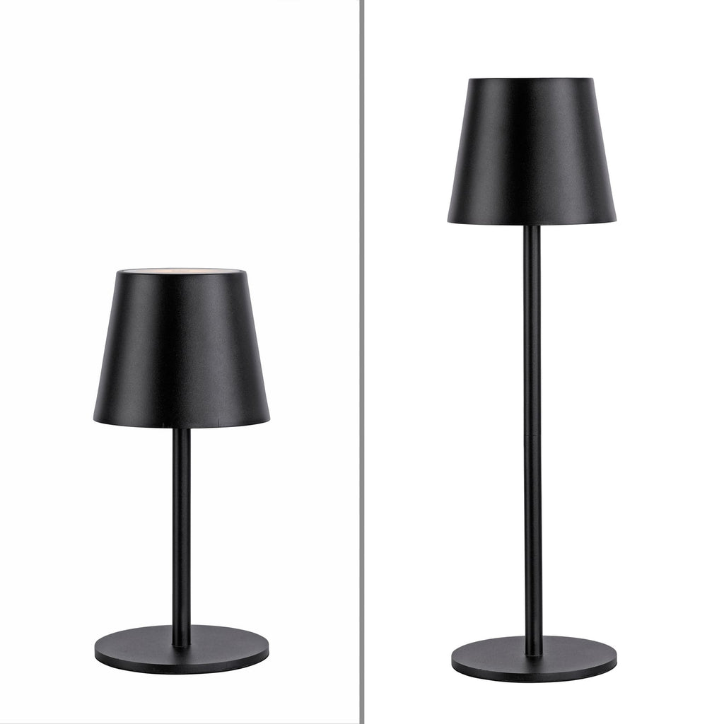 Sidevisning av LED oppladbar bordlampe Euria jern svart dimbar IP54