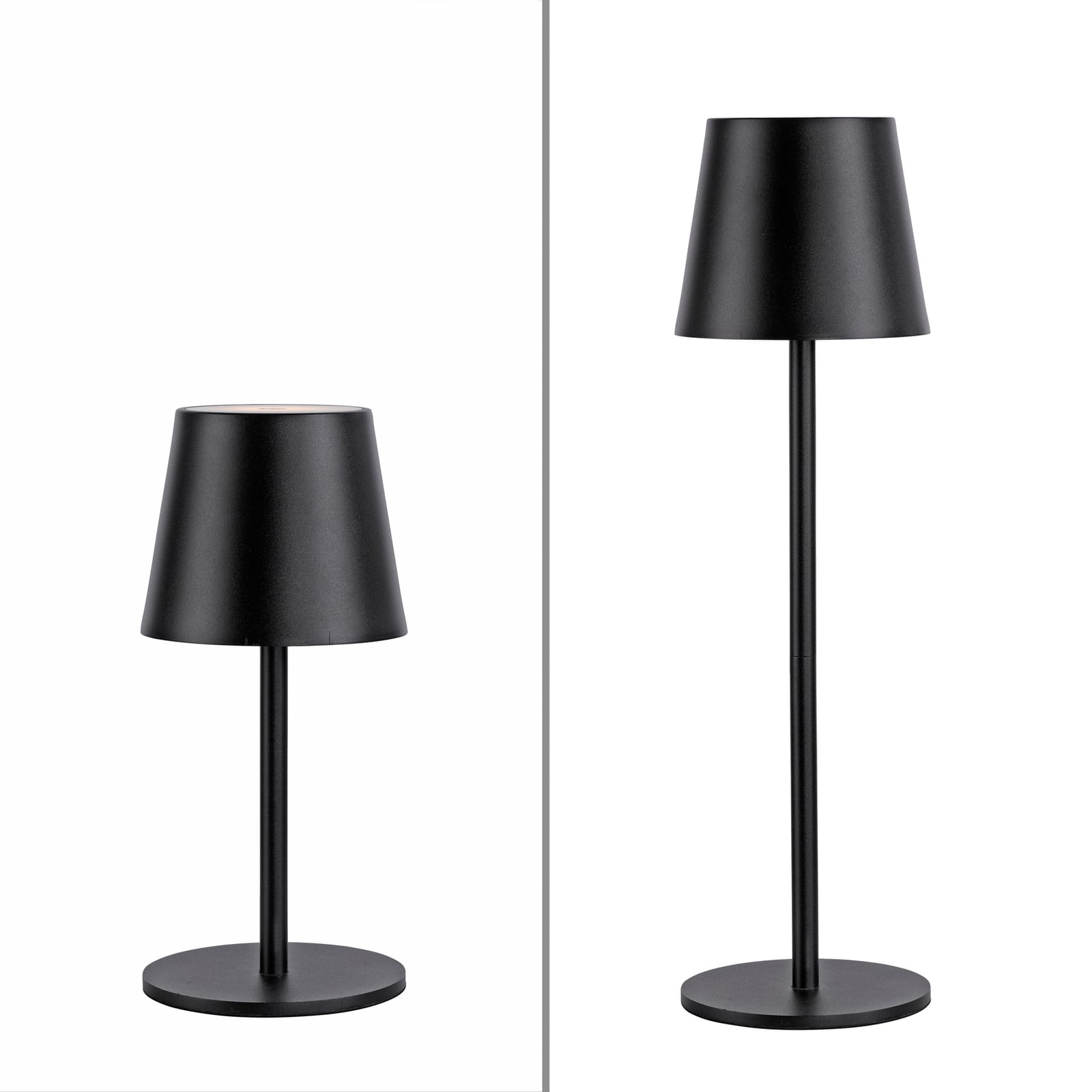 Sidevisning av LED oppladbar bordlampe Euria jern svart dimbar IP54