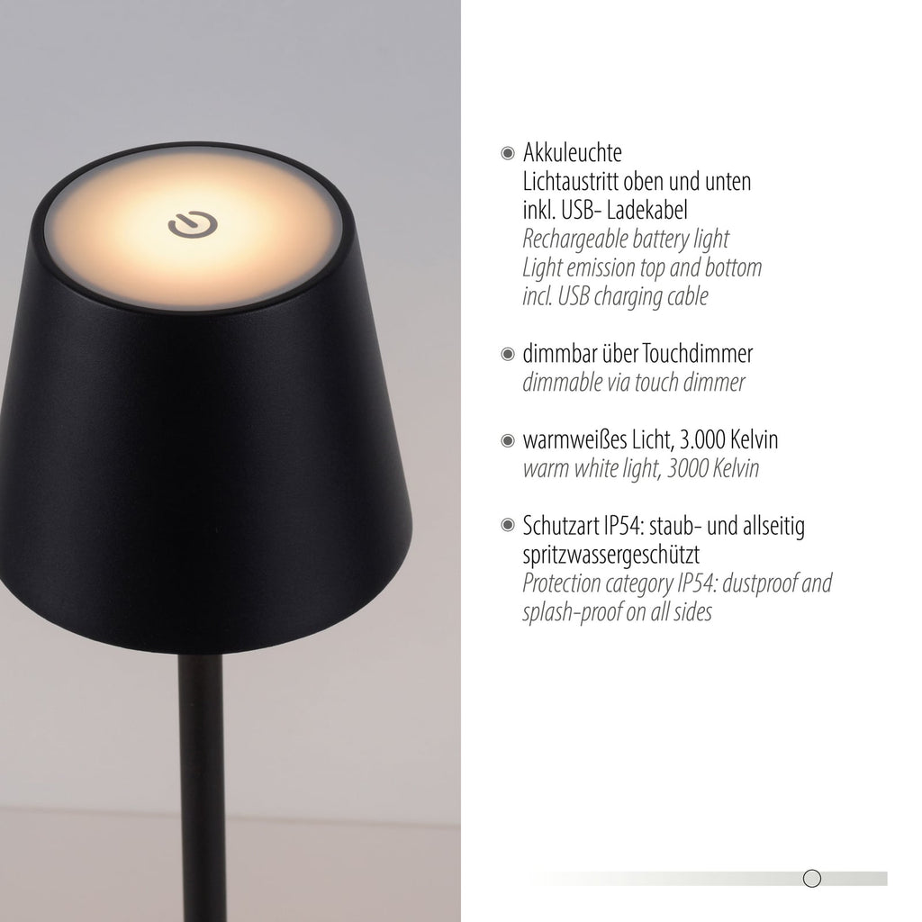LED oppladbar bordlampe Euria jern svart dimbar IP54 med USB-ladekabel