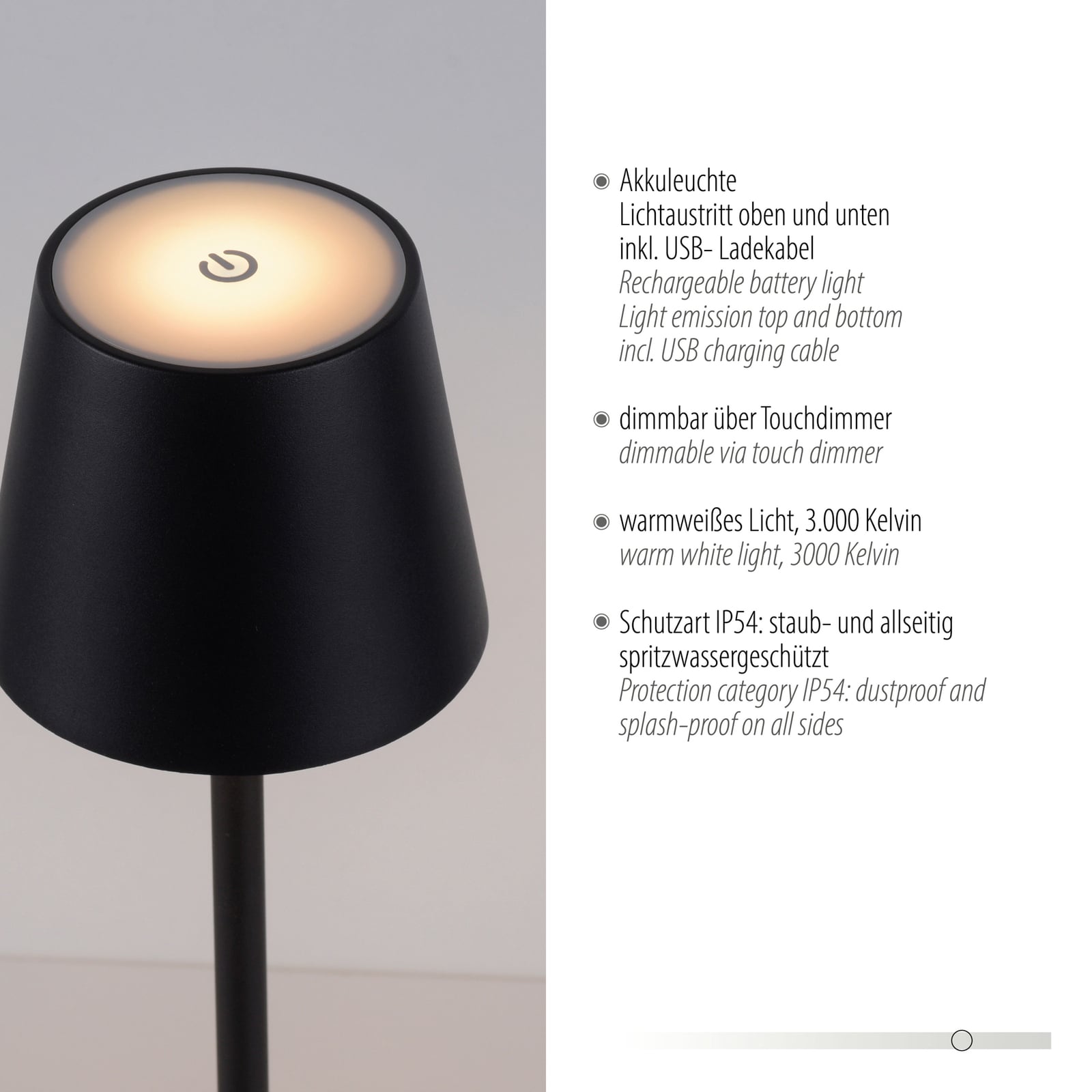 LED oppladbar bordlampe Euria jern svart dimbar IP54 med USB-ladekabel