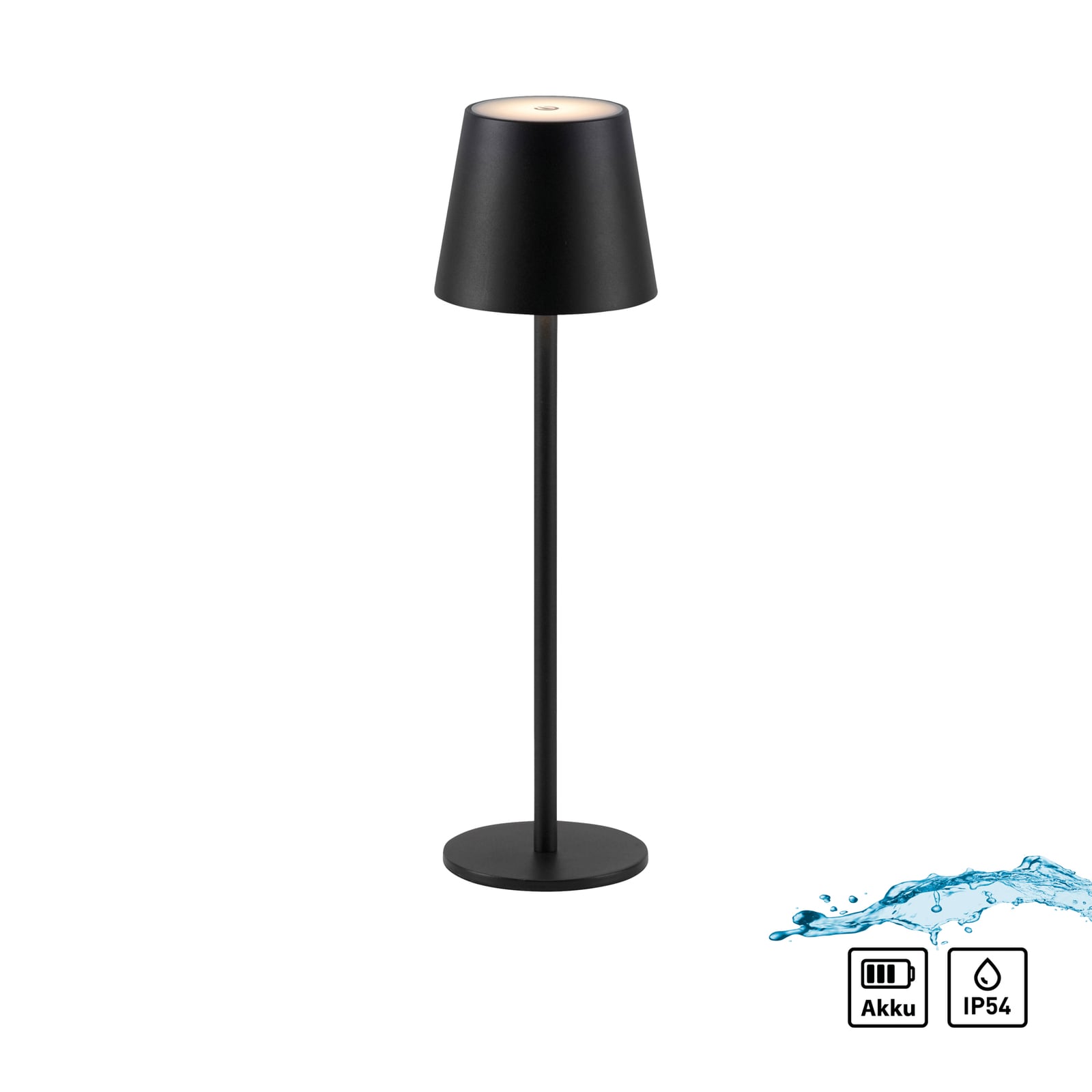 LED oppladbar bordlampe Euria jern svart dimbar IP54 i bruk på terrasse