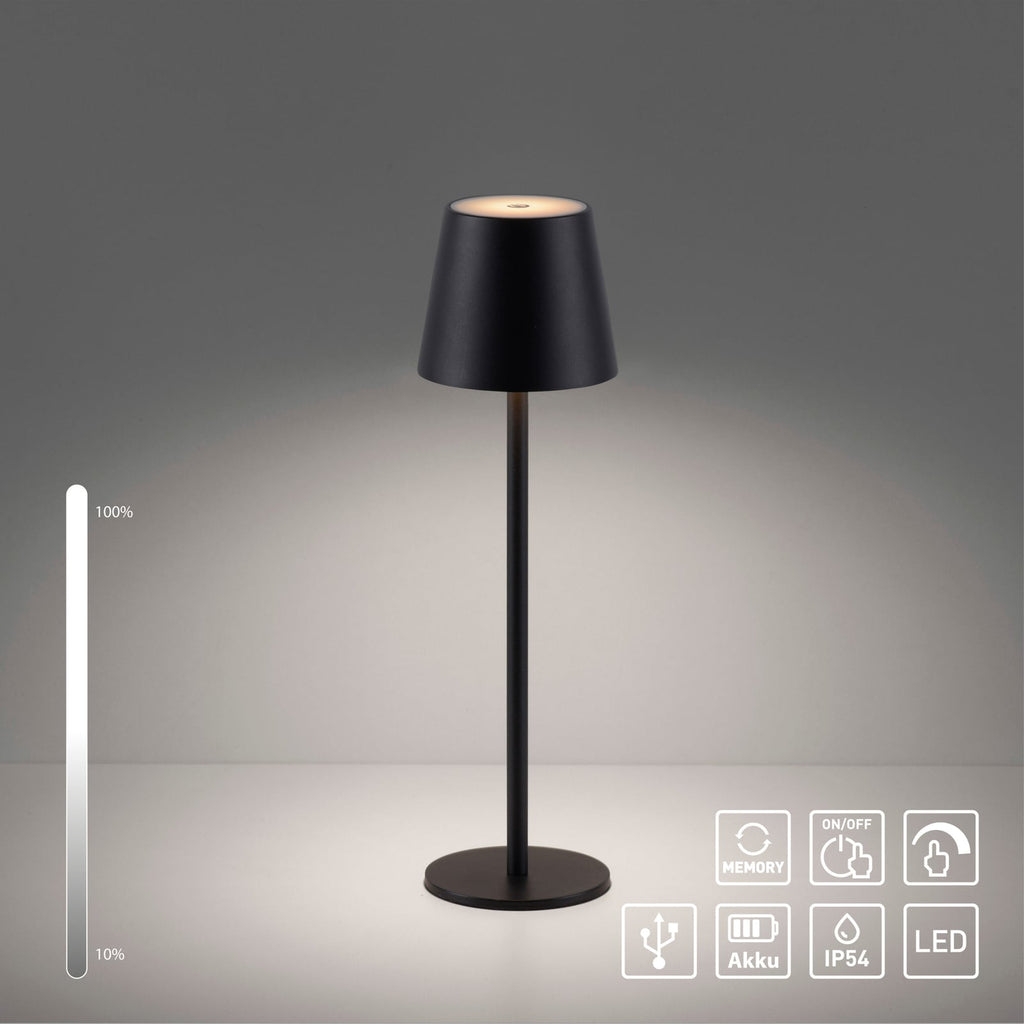 LED oppladbar bordlampe Euria jern svart dimbar IP54 med justerbart stativ
