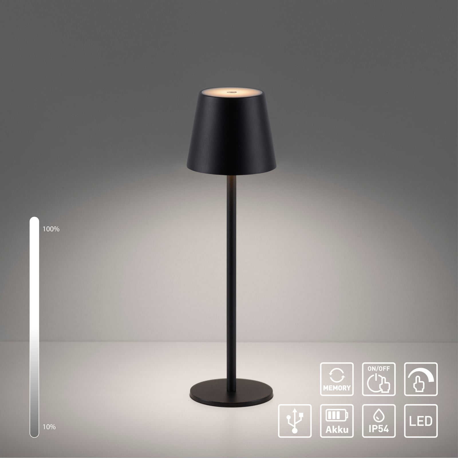 LED oppladbar bordlampe Euria jern svart dimbar IP54 med justerbart stativ