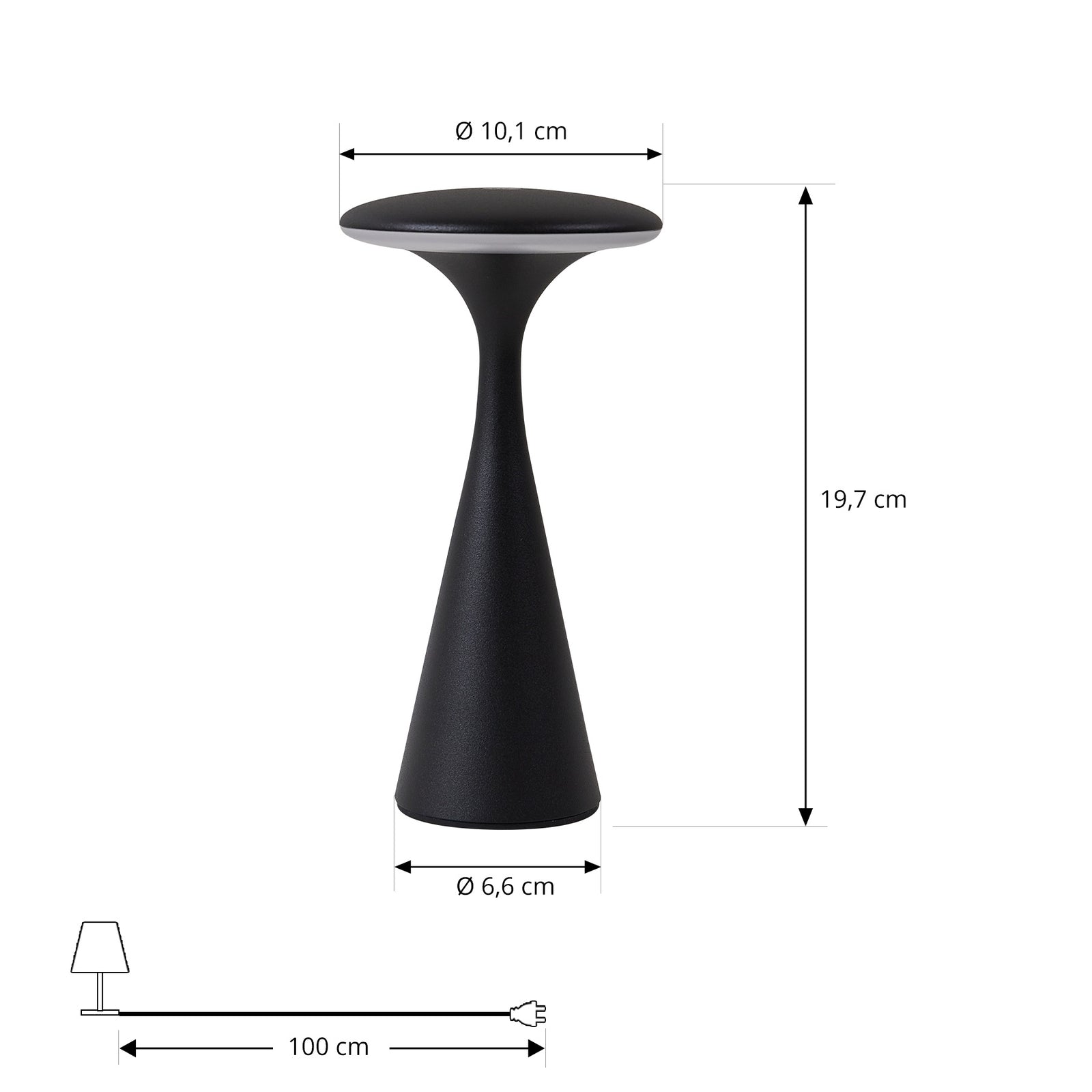 LED oppladbar bordlampe Evelen svart CCT dimbar IP54 nærbilde av lampeoverflate