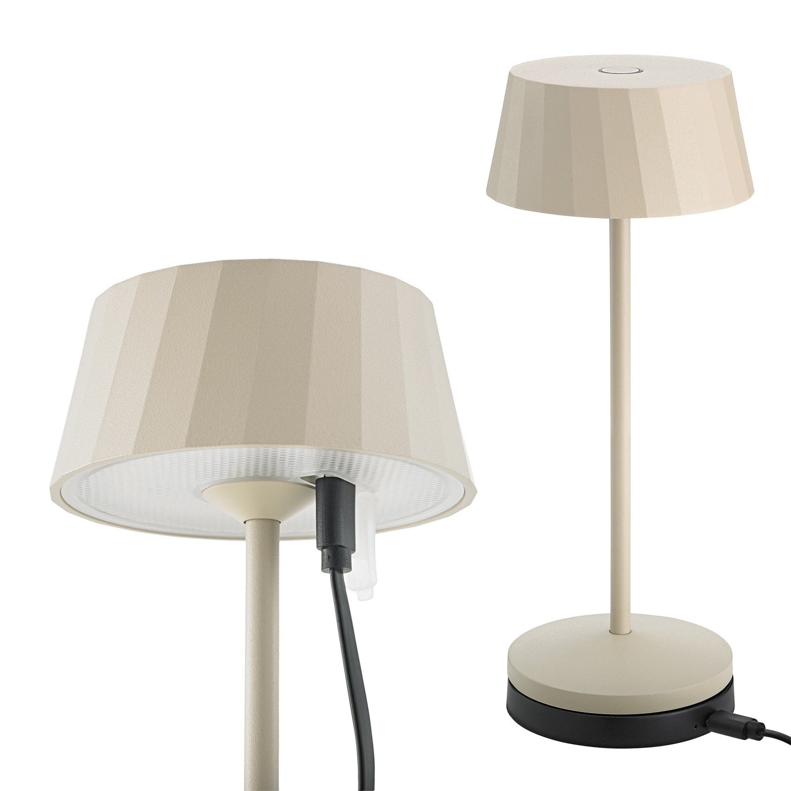 LED oppladbar bordlampe Facetta beige aluminium USB-ladeport