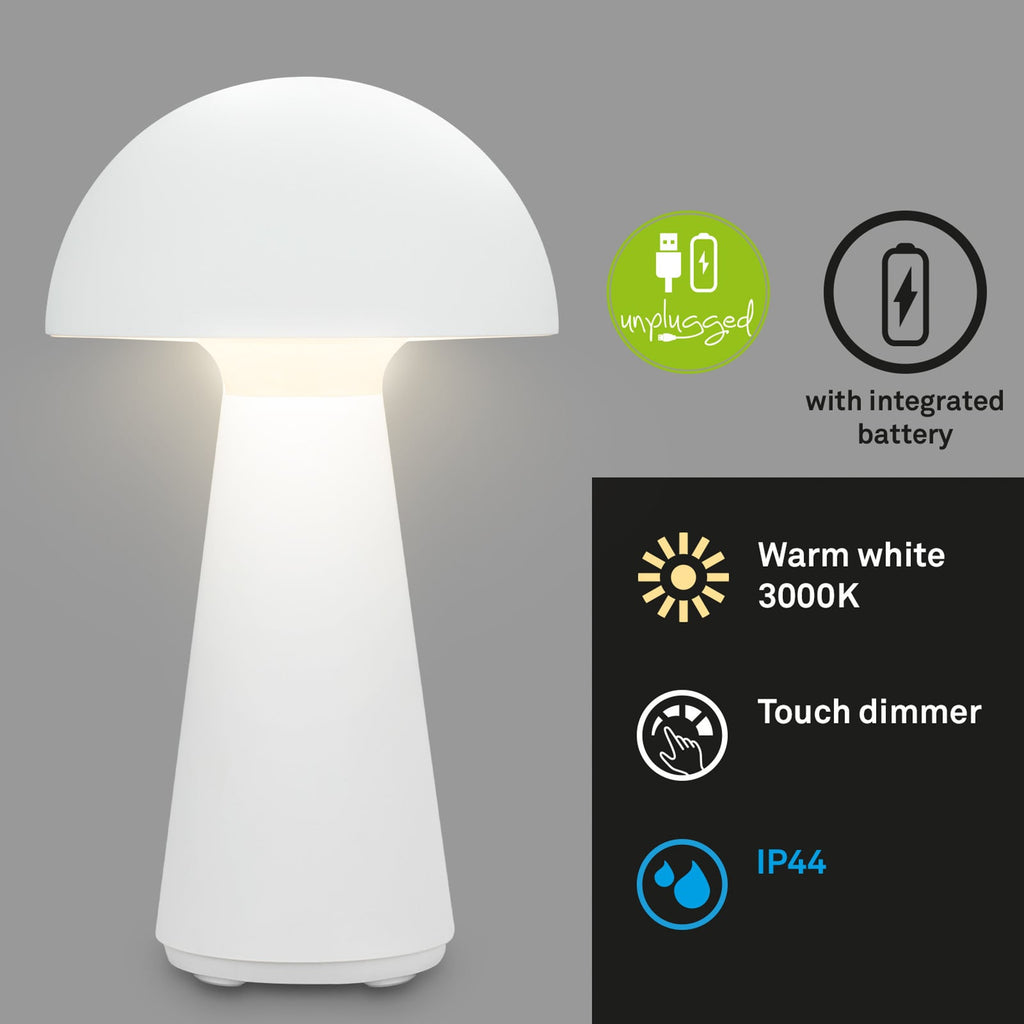 Nærbilde av touch-dimmer på LED oppladbar bordlampe Fungo dimbar hvit Ø16 cm IP44