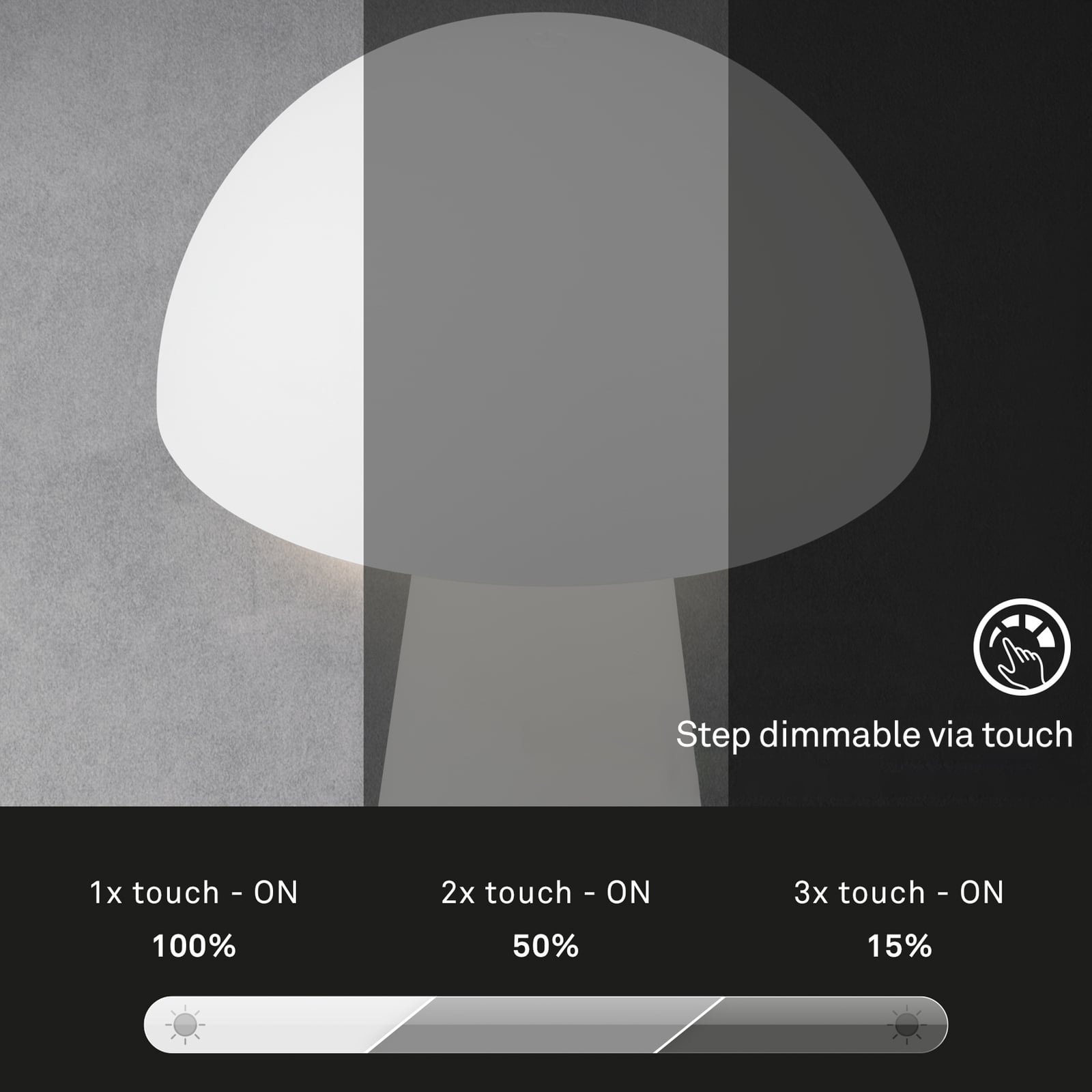 LED oppladbar bordlampe Fungo dimbar hvit Ø16 cm IP44 sideprofil