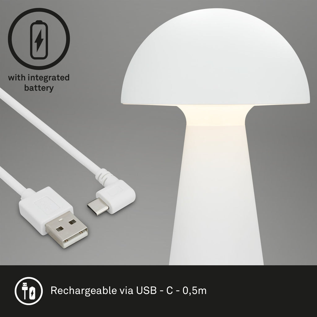 LED oppladbar bordlampe Fungo dimbar hvit Ø16 cm IP44 på bord