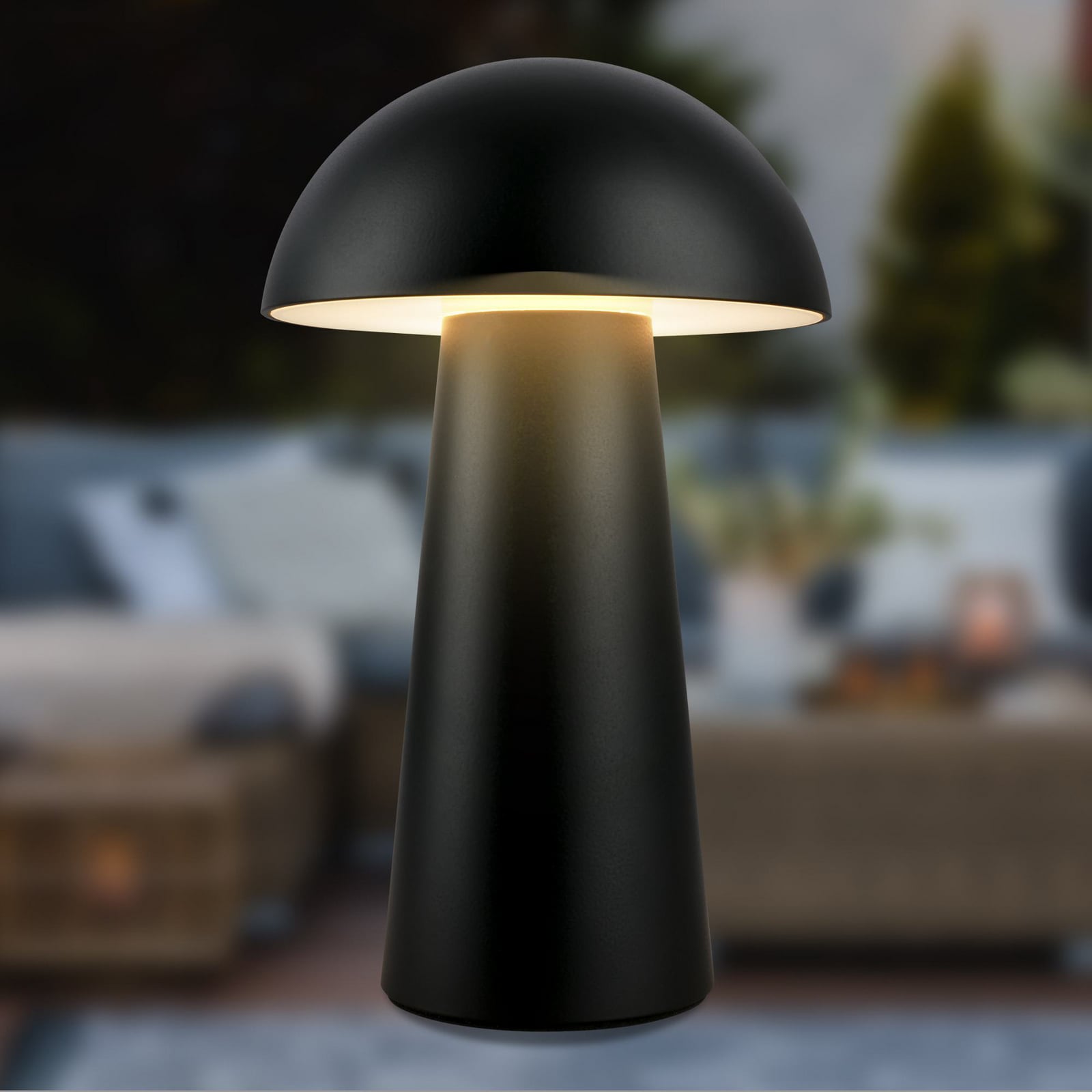 LED oppladbar bordlampe Fungo Mini svart touch IP44 bakside