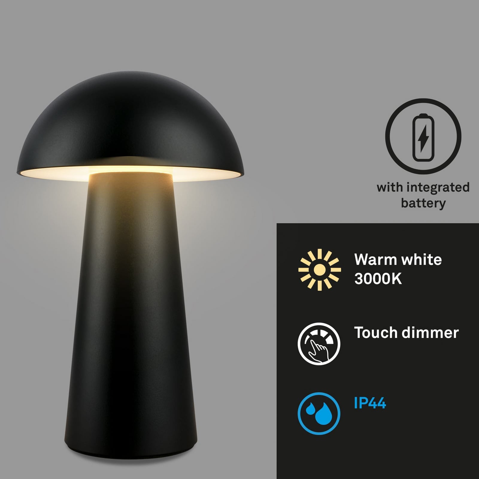 Nærbilde av touch-dimmer på LED oppladbar bordlampe Fungo Mini svart touch IP44