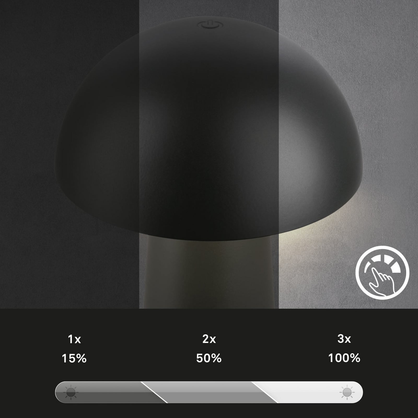 LED oppladbar bordlampe Fungo Mini svart touch IP44 med USB-C ladekabel