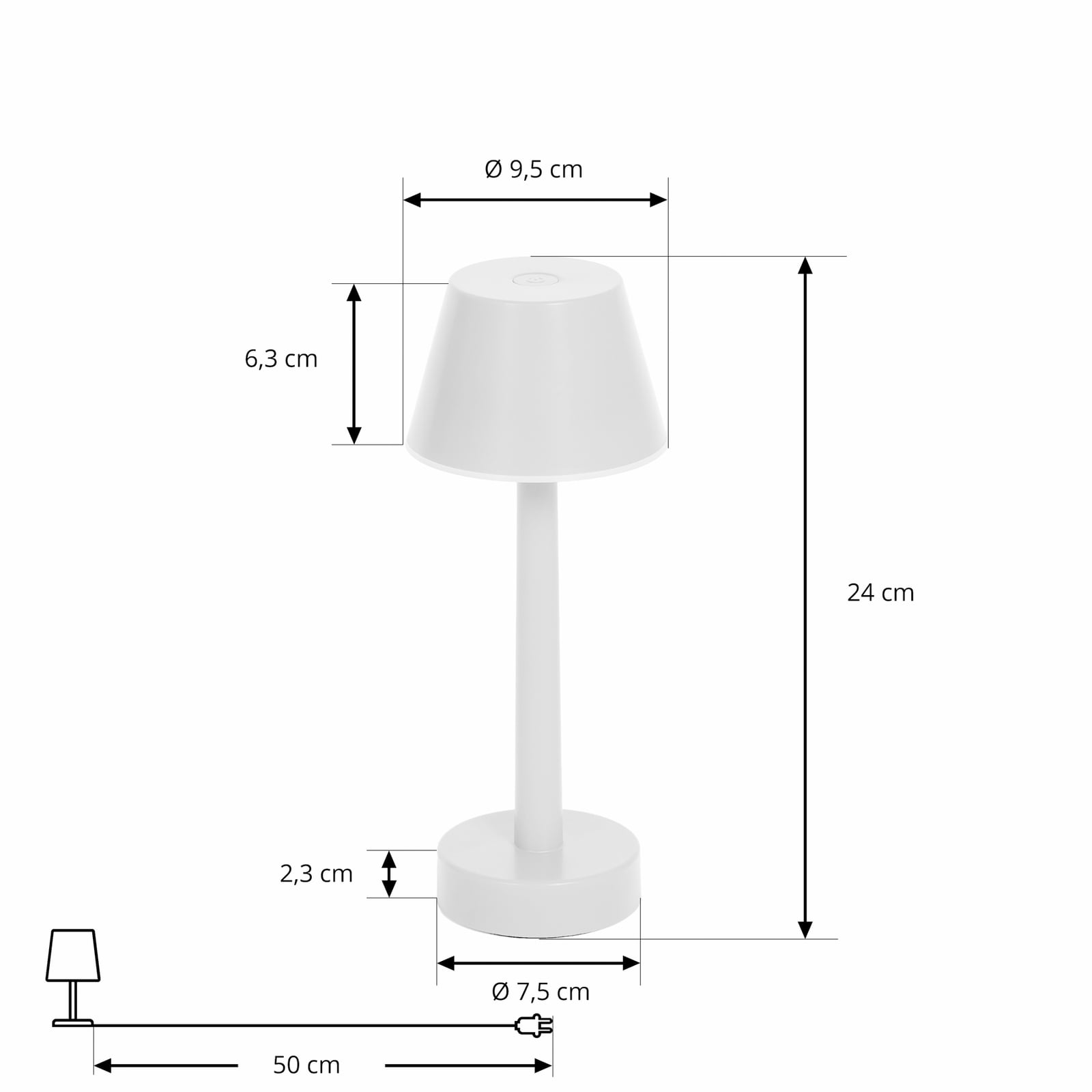 LED oppladbar bordlampe Gaja hvit RGBW dimbar IP44 nærbilde av bryter