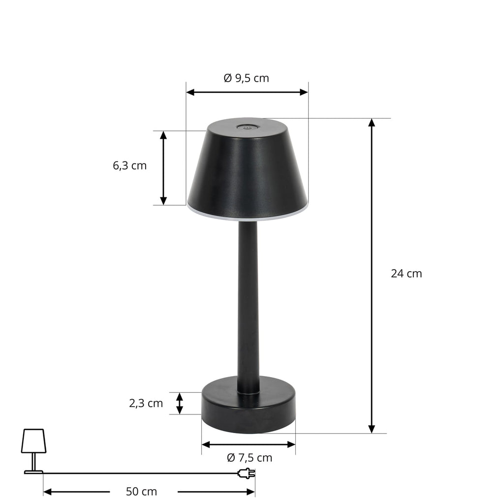Nærbilde av bryter på LED oppladbar bordlampe Gaja svart RGBW dimbar IP44