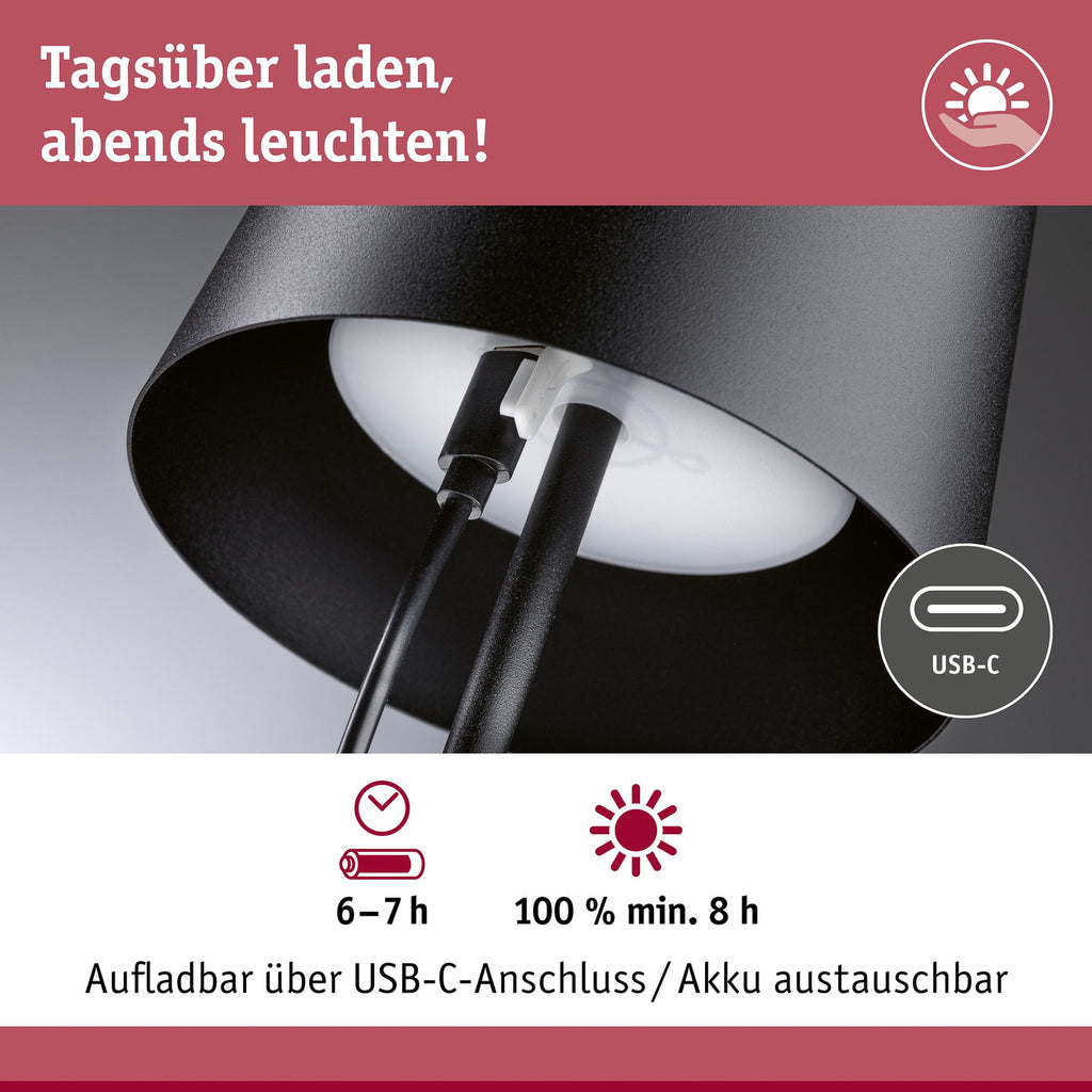 LED oppladbar bordlampe Gilo dimbar svart plast IP44 35 cm sideprofil