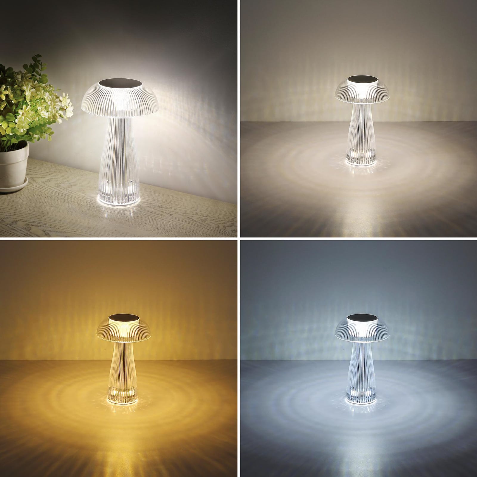 LED oppladbar bordlampe Gixi sølvfarget montert på bord