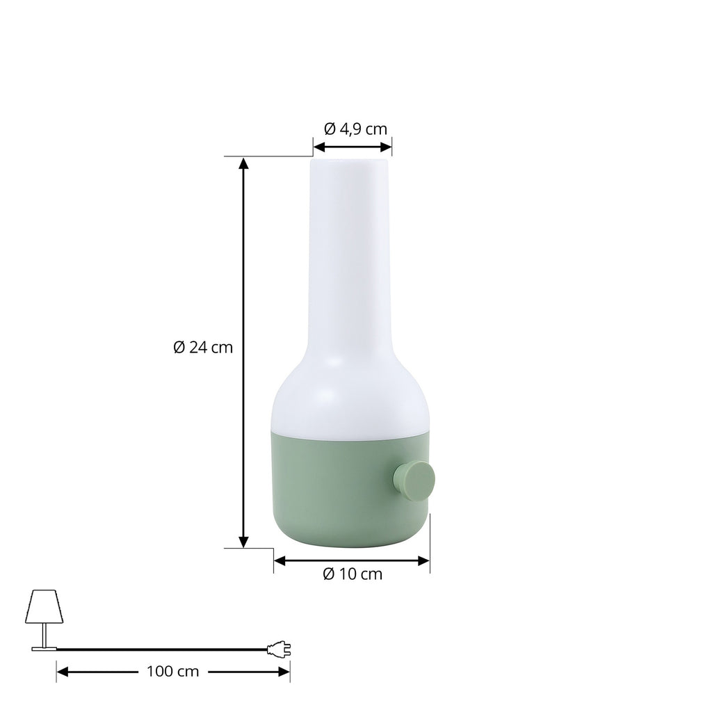 LED oppladbar bordlampe Isaline grønn dimbar IP44 H24 cm nærbilde av skjerm