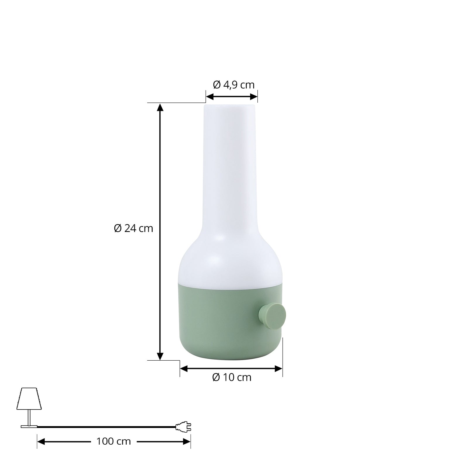 LED oppladbar bordlampe Isaline grønn dimbar IP44 H24 cm nærbilde av skjerm