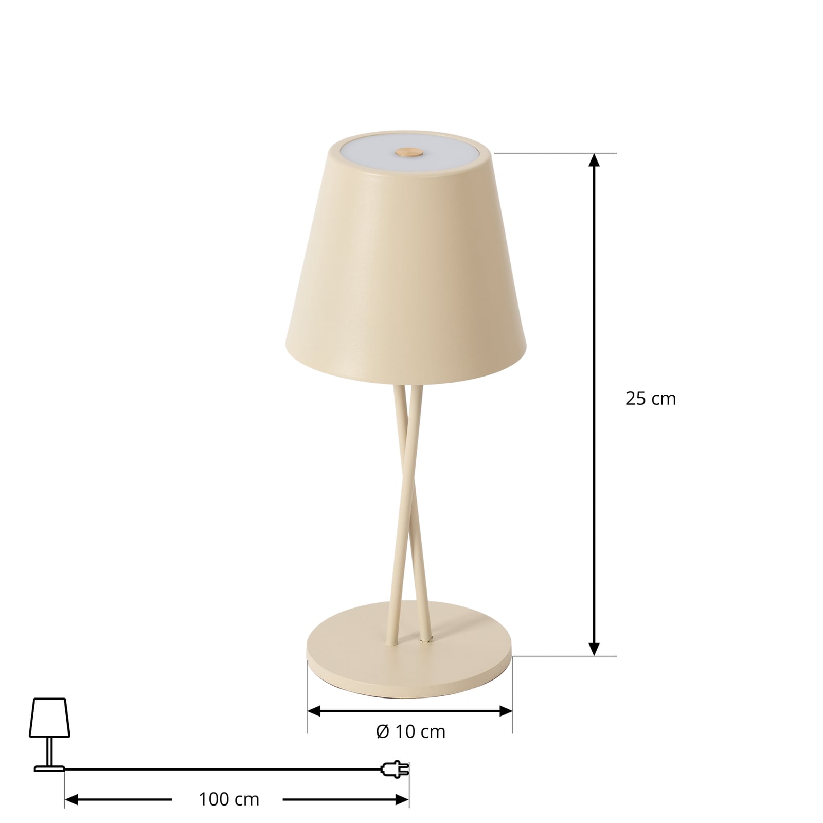 LED oppladbar bordlampe Janea Cross beige metall nærbilde av lyskilde
