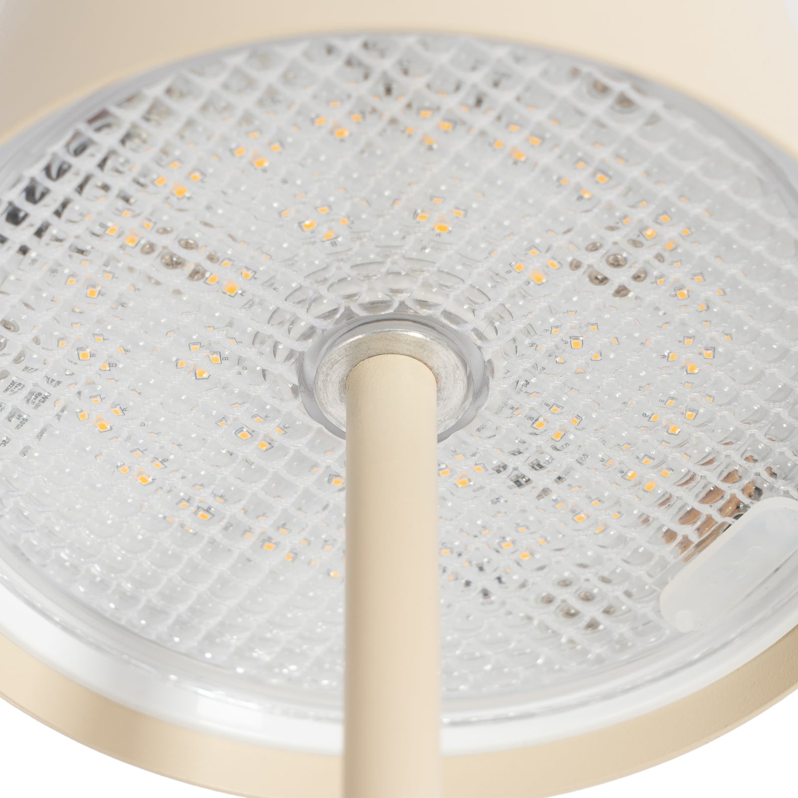 LED oppladbar bordlampe Janea Cube beige metall dimbar IP54 i bruk