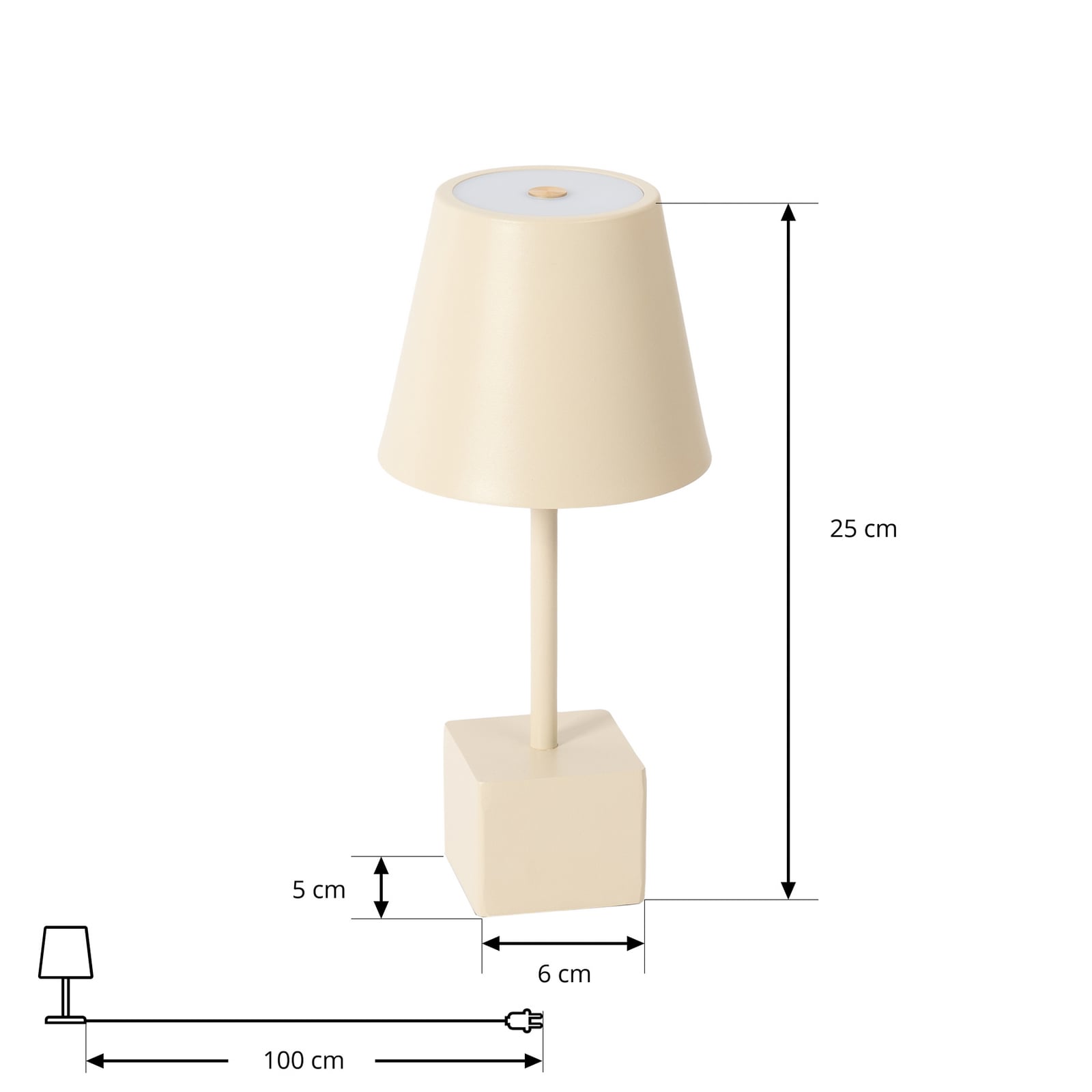 LED oppladbar bordlampe Janea Cube beige metall dimbar IP54 nærbilde