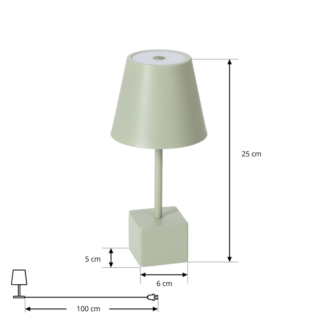 LED oppladbar bordlampe Janea CUBE grønn metall IP54 nærbilde av lampefot