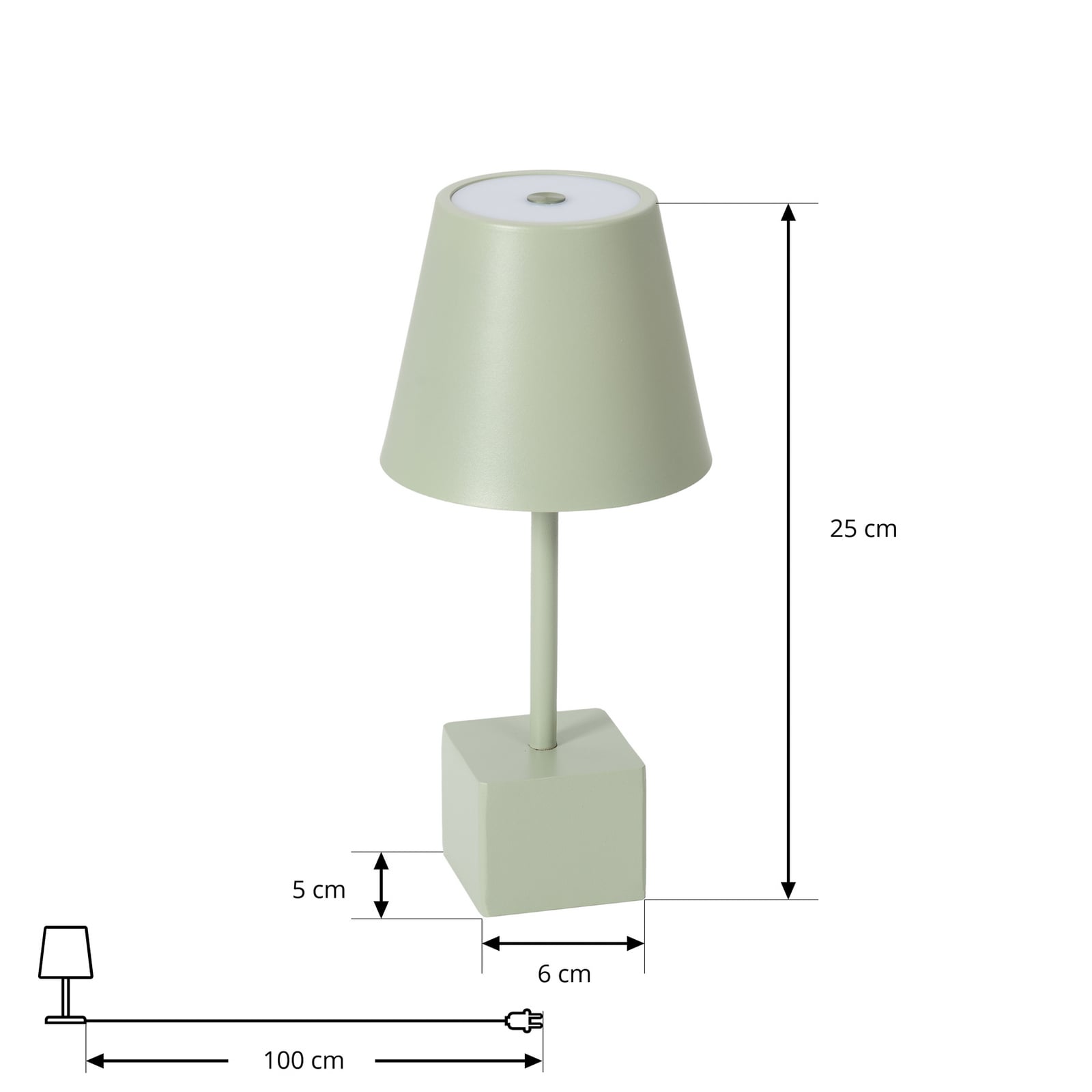 LED oppladbar bordlampe Janea CUBE grønn metall IP54 nærbilde av lampefot