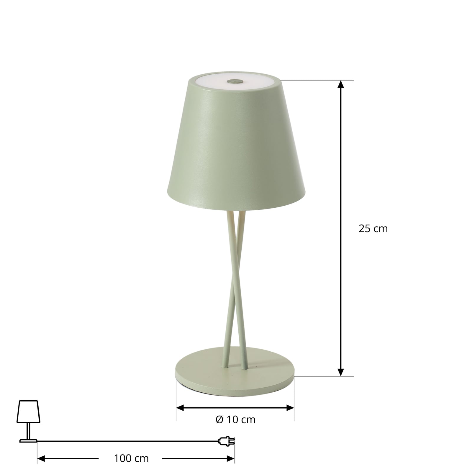 Nærbilde av LED oppladbar bordlampe Janea grønn berøringsdimmer IP54