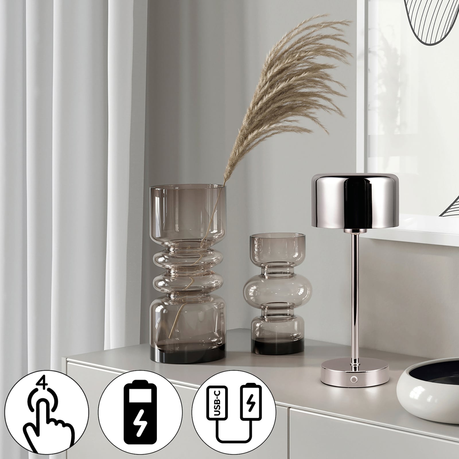 LED oppladbar bordlampe Jeff krom Ø12,7 cm med USB-ladekabel
