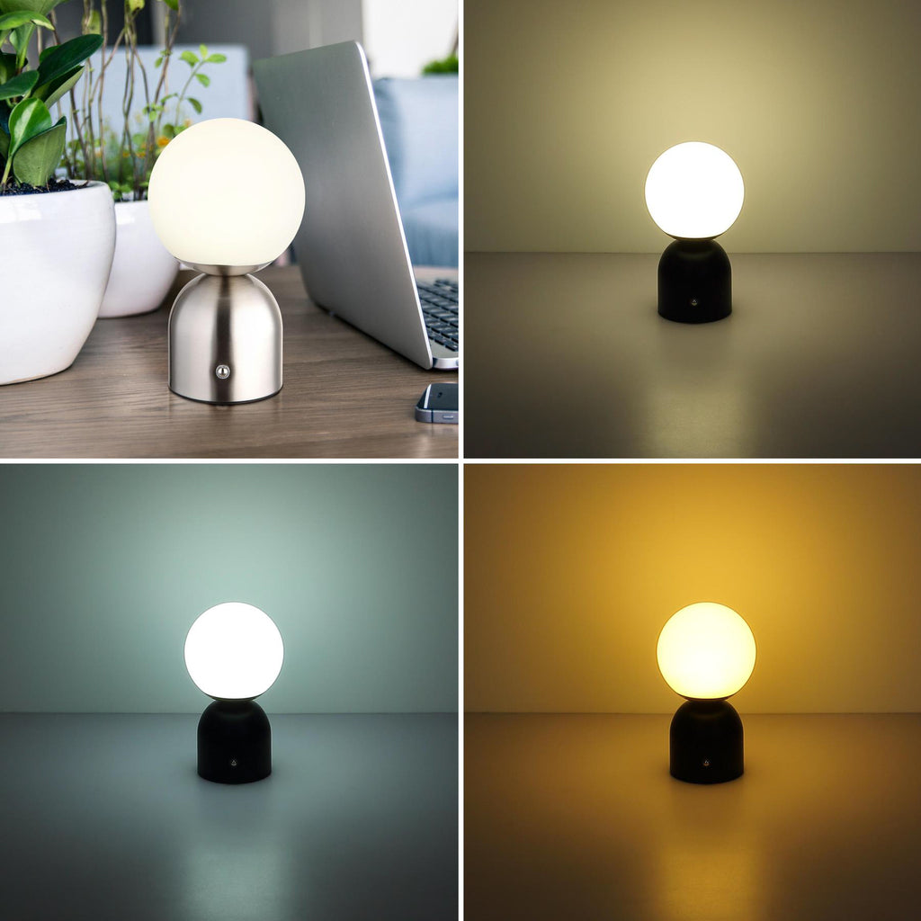 LED oppladbar bordlampe Julsy matt nikkel montert på bord