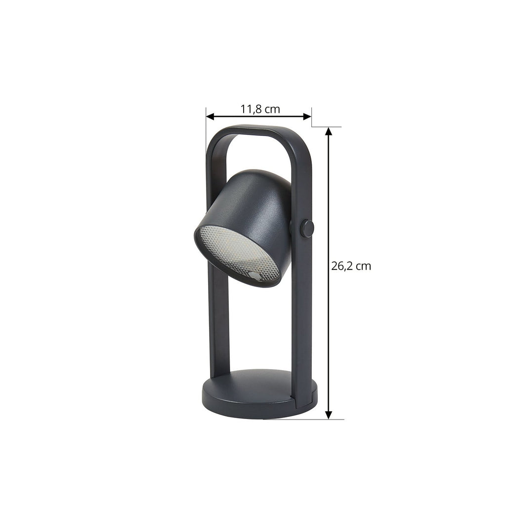 LED oppladbar bordlampe Kalevi svart aluminium nærbilde av skjerm