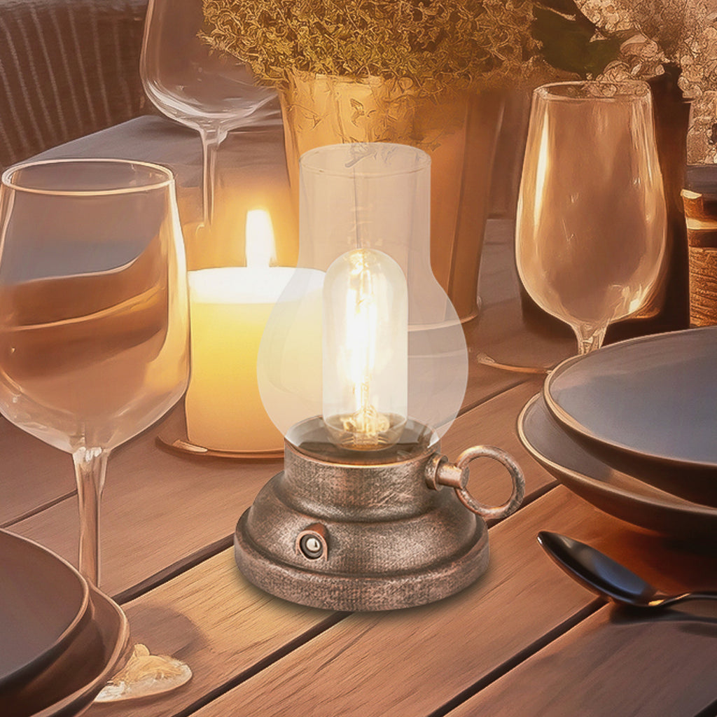 LED oppladbar bordlampe Kanea dimbar bronse glass IP44 forfra