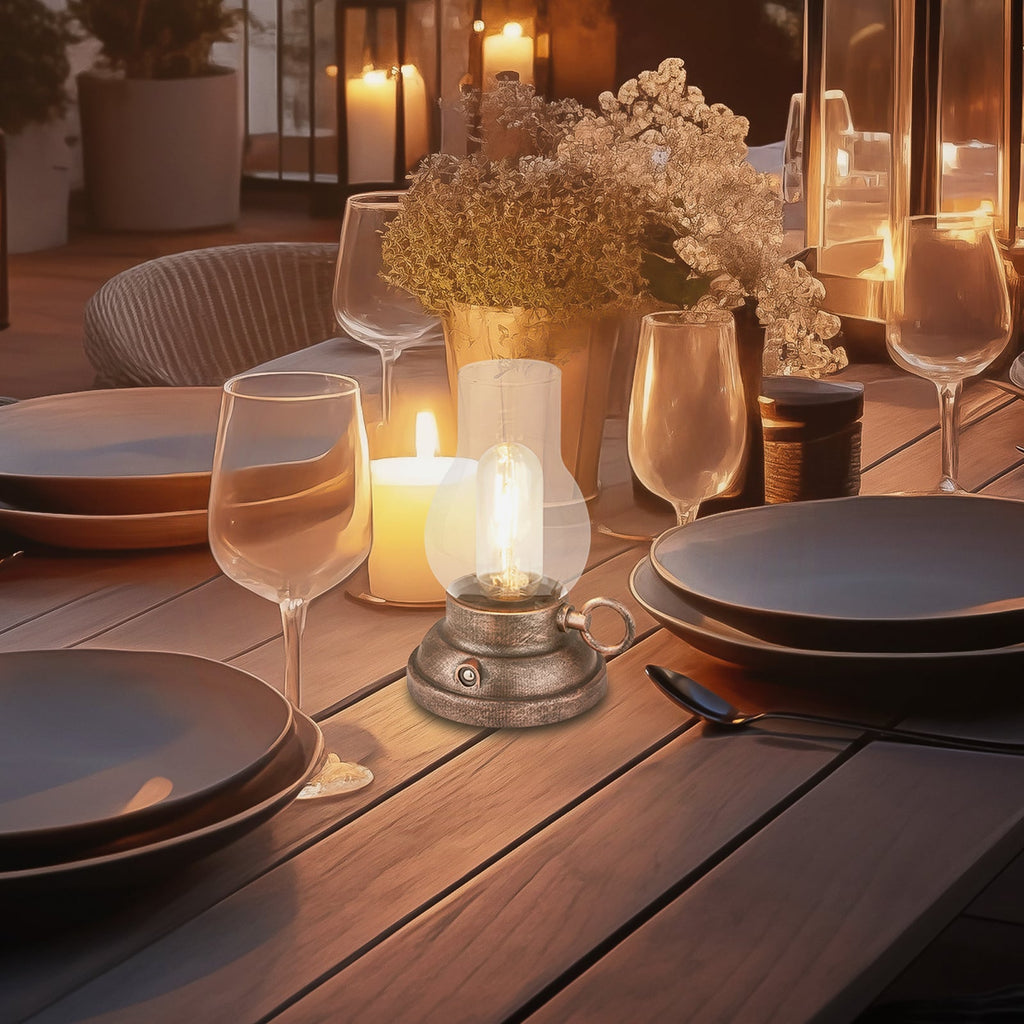 LED oppladbar bordlampe Kanea dimbar bronse glass IP44 bakside