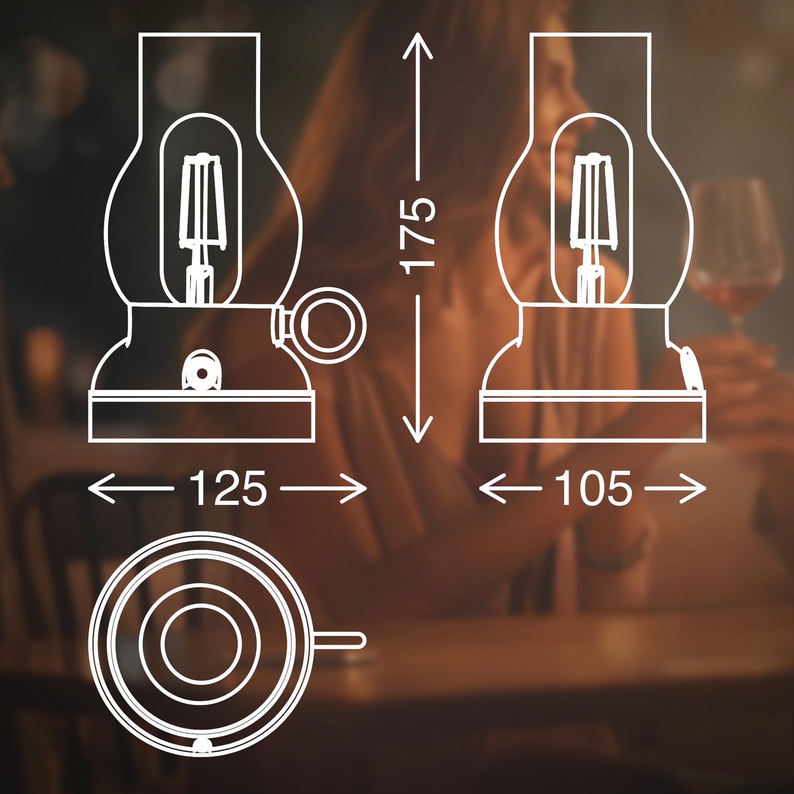 LED oppladbar bordlampe Kanea dimbar bronse glass IP44 detalj av touch-dimmer