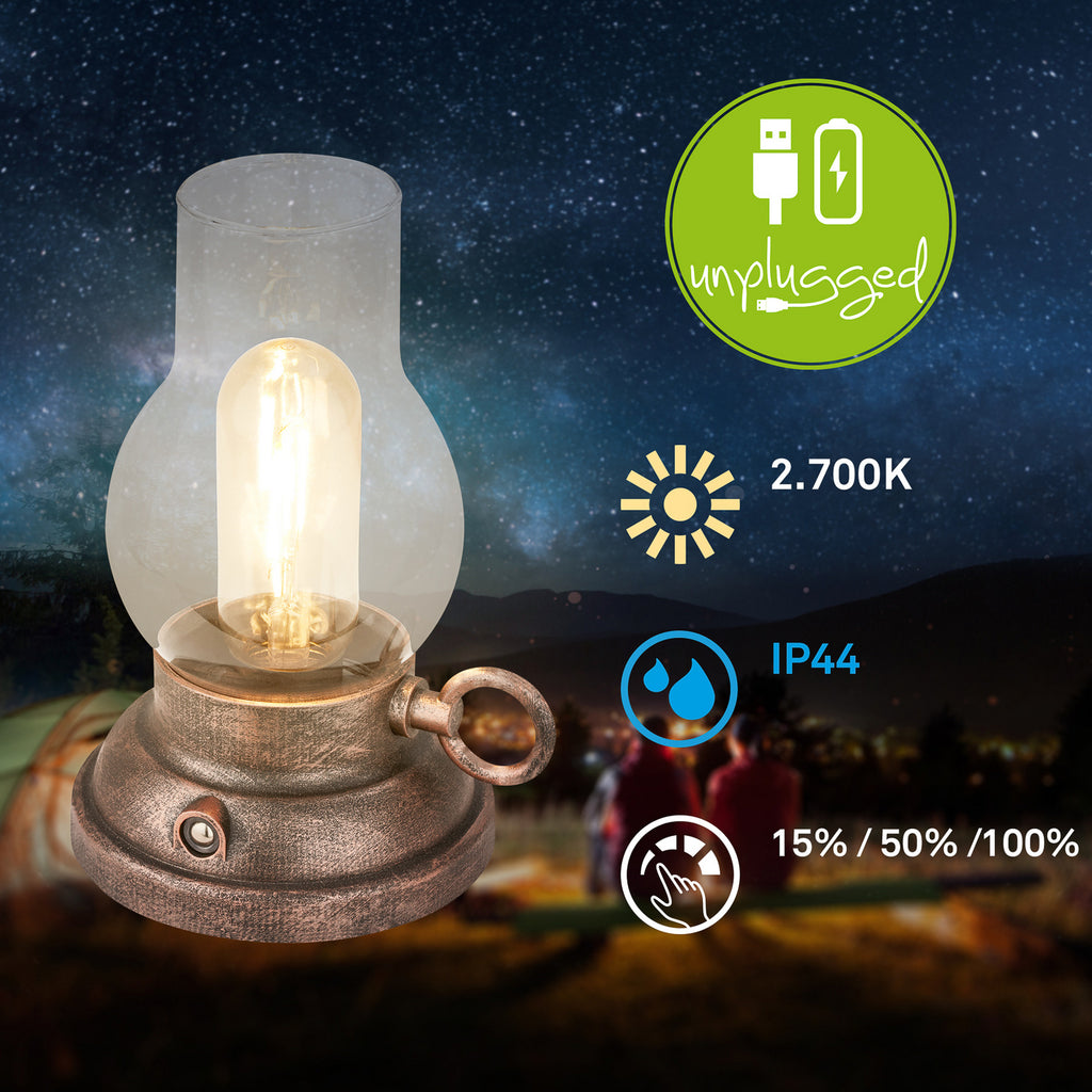 LED oppladbar bordlampe Kanea dimbar bronse glass IP44 USB ladekabel