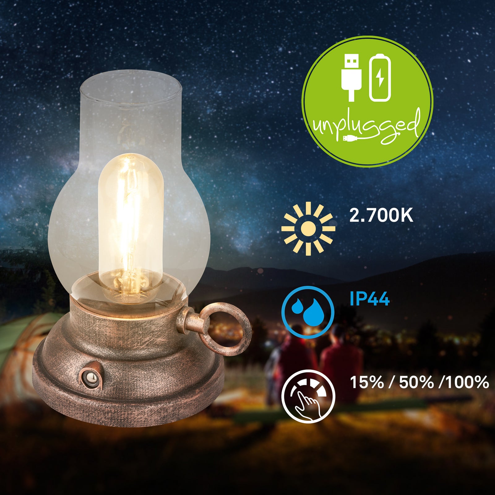 LED oppladbar bordlampe Kanea dimbar bronse glass IP44 USB ladekabel