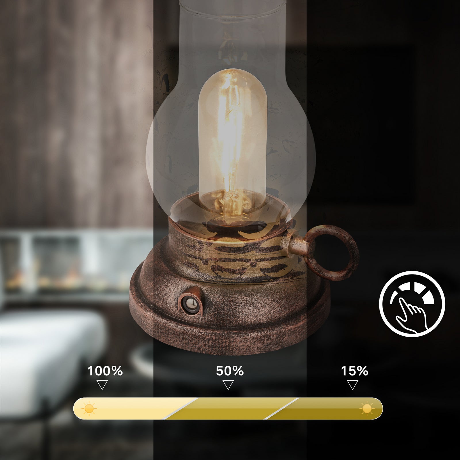 LED oppladbar bordlampe Kanea dimbar bronse glass IP44 lys i mørket