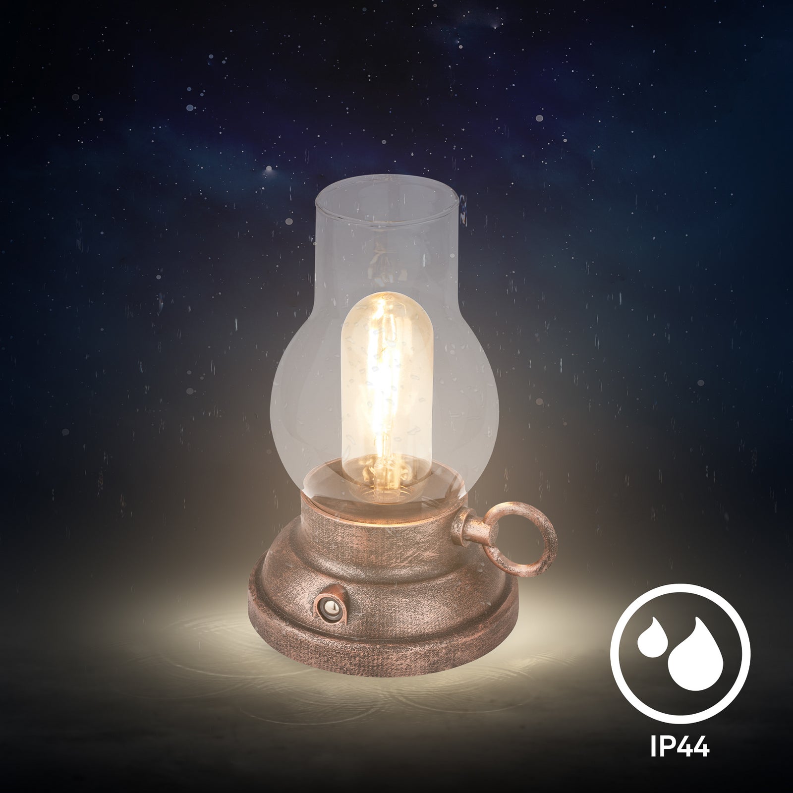LED oppladbar bordlampe Kanea dimbar bronse glass IP44 vist fra siden