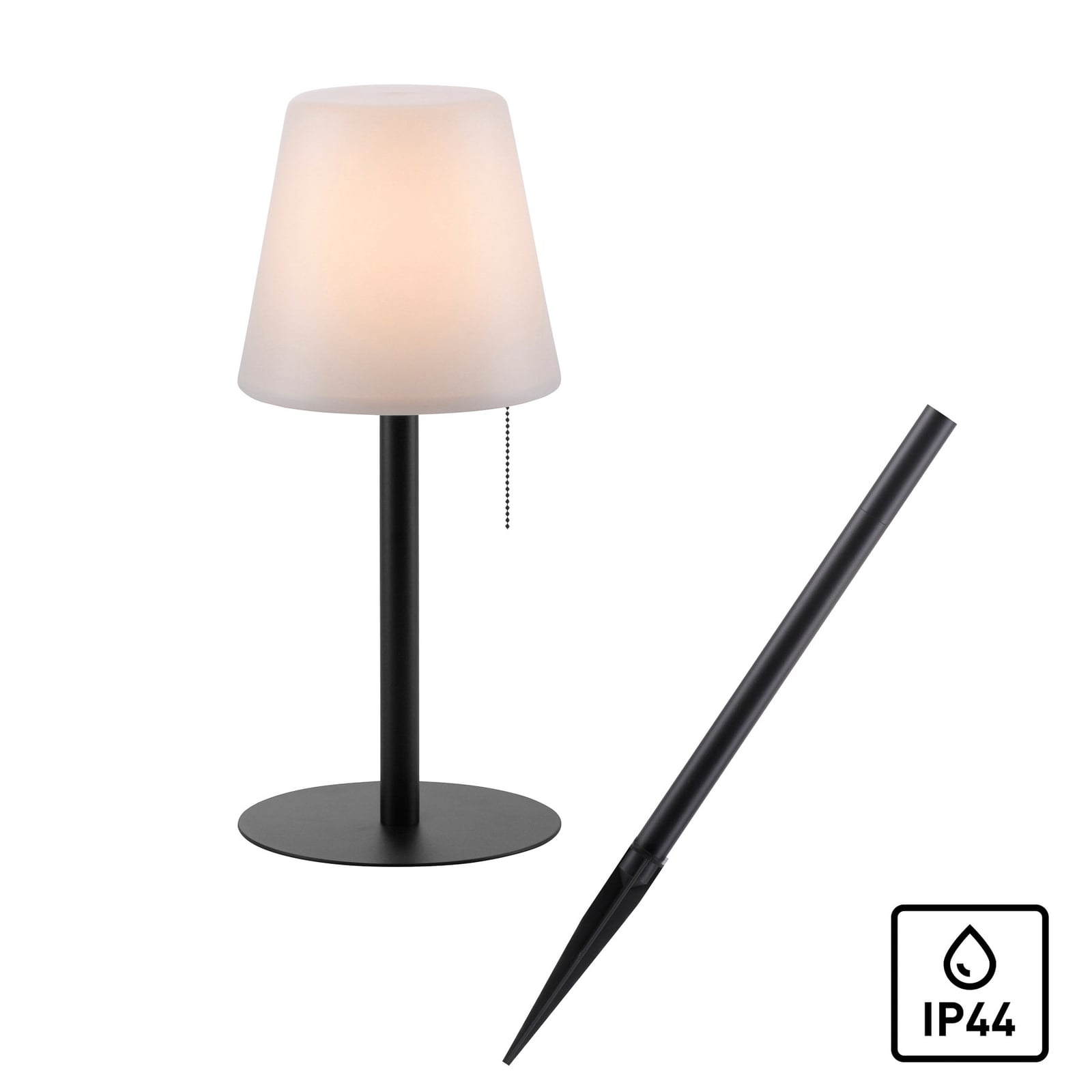 LED oppladbar bordlampe Keno med jordspyd dimbar IP44 montert i jord
