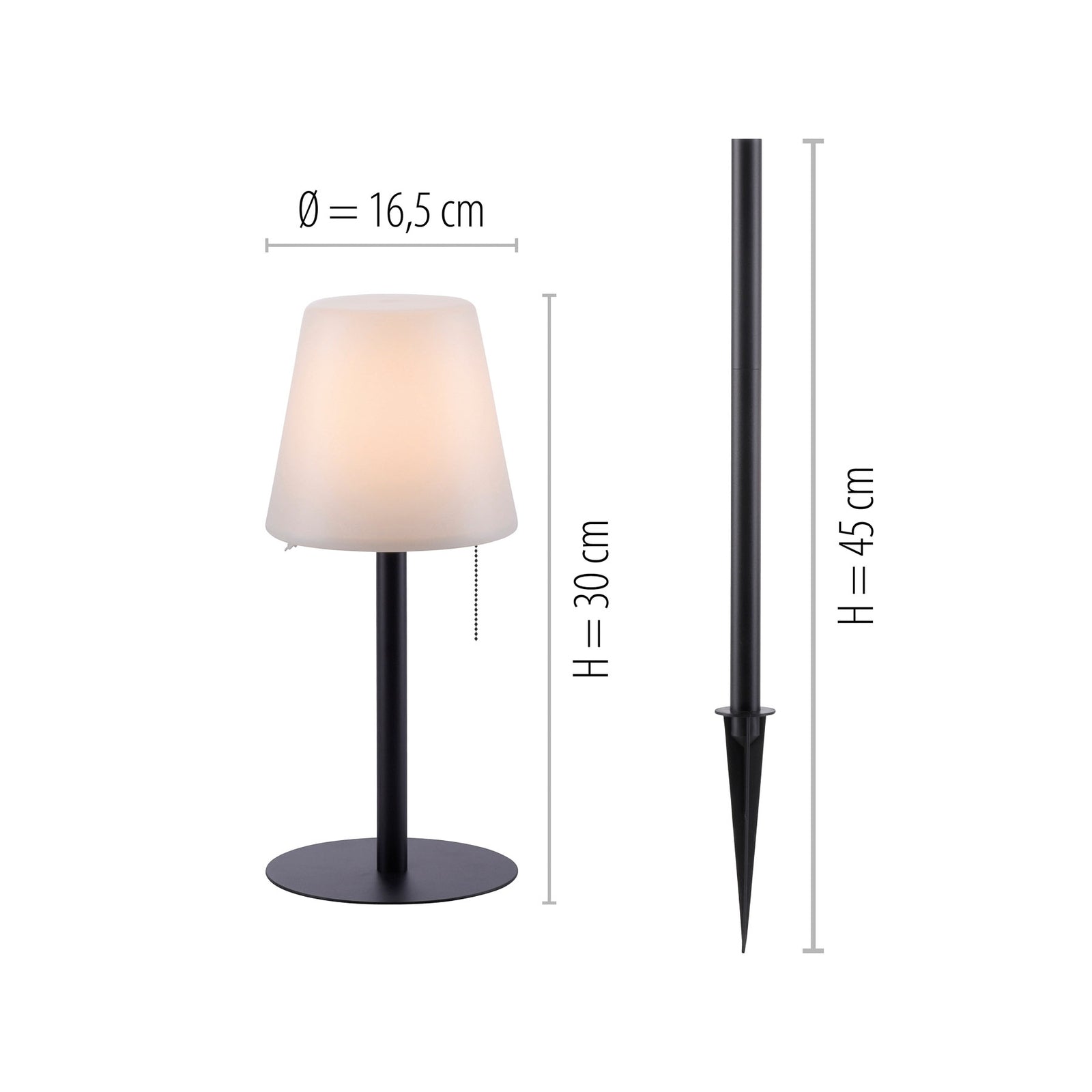 LED oppladbar bordlampe Keno med jordspyd dimbar IP44 lys i mørke