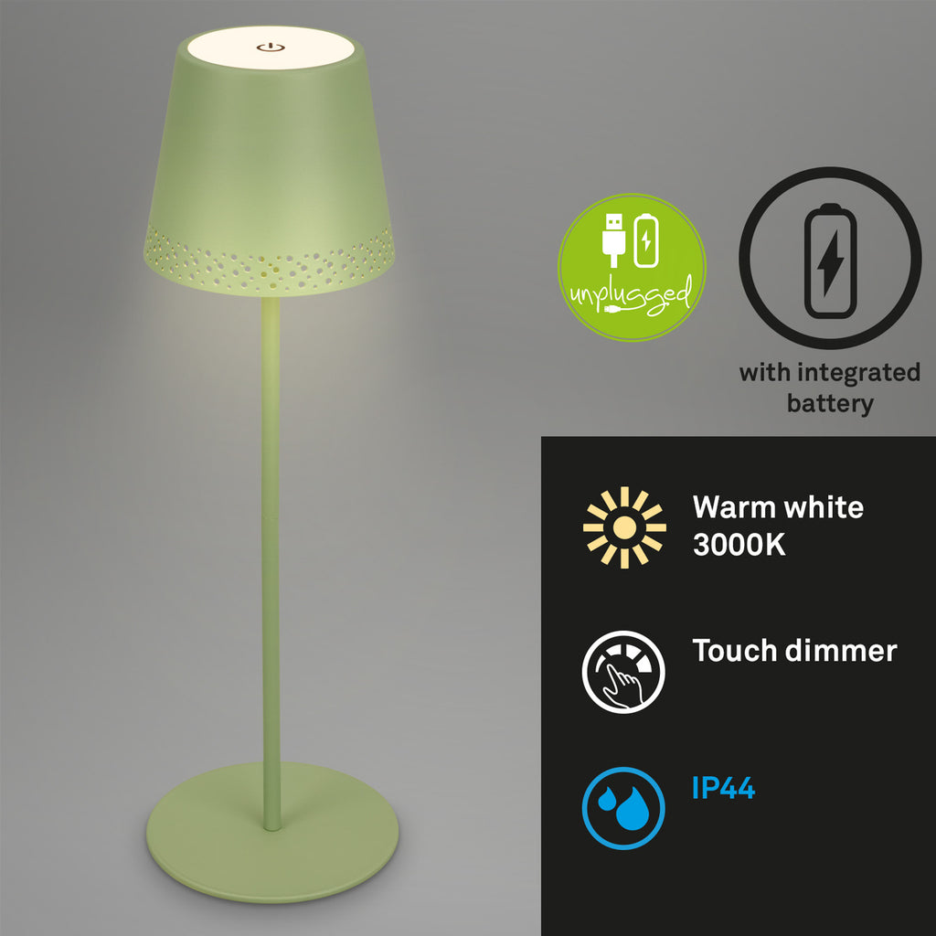 LED oppladbar bordlampe Kiki dimbar grønn nærbilde av skjerm