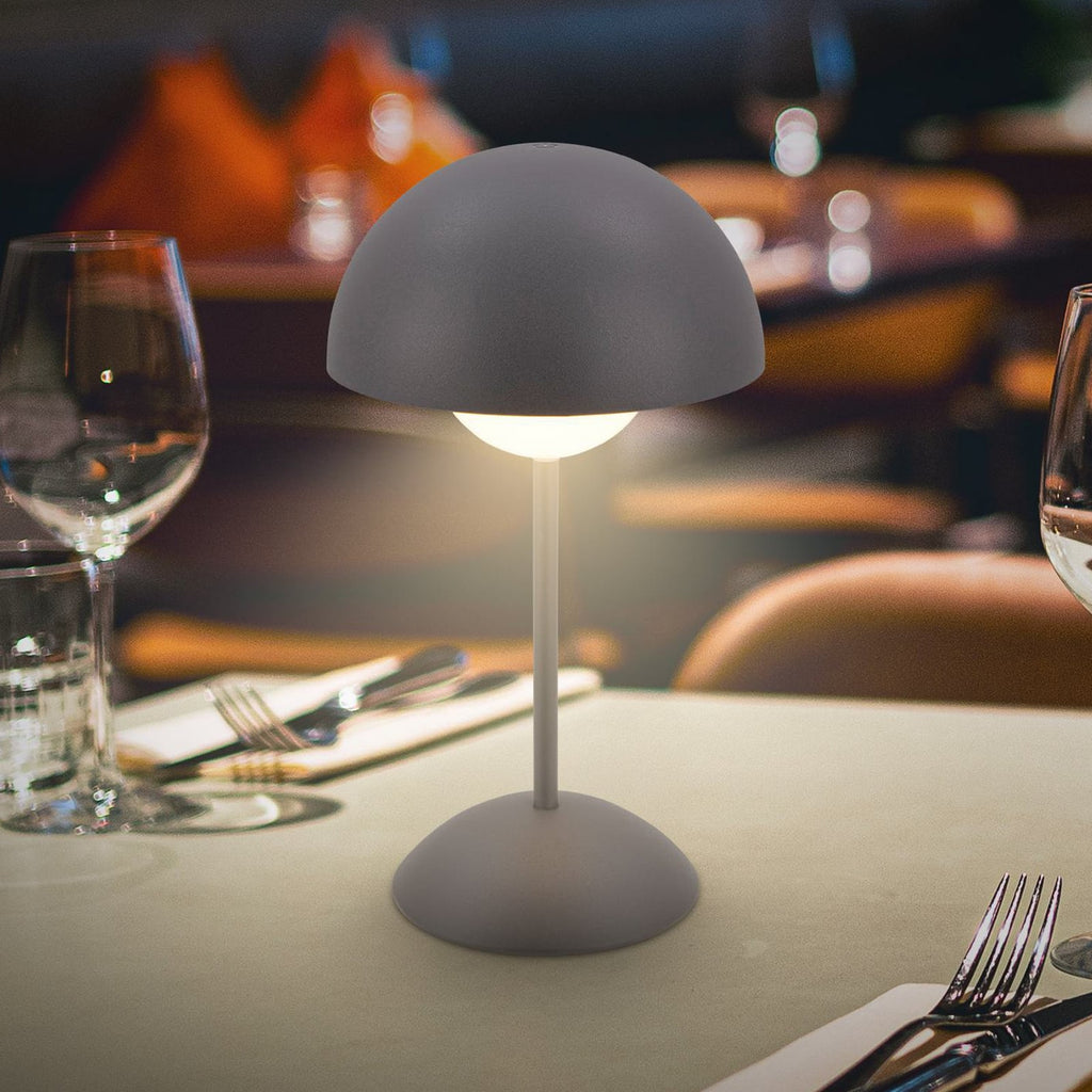 LED oppladbar bordlampe Kugle antrasitt metall IP44 dimbar forfra